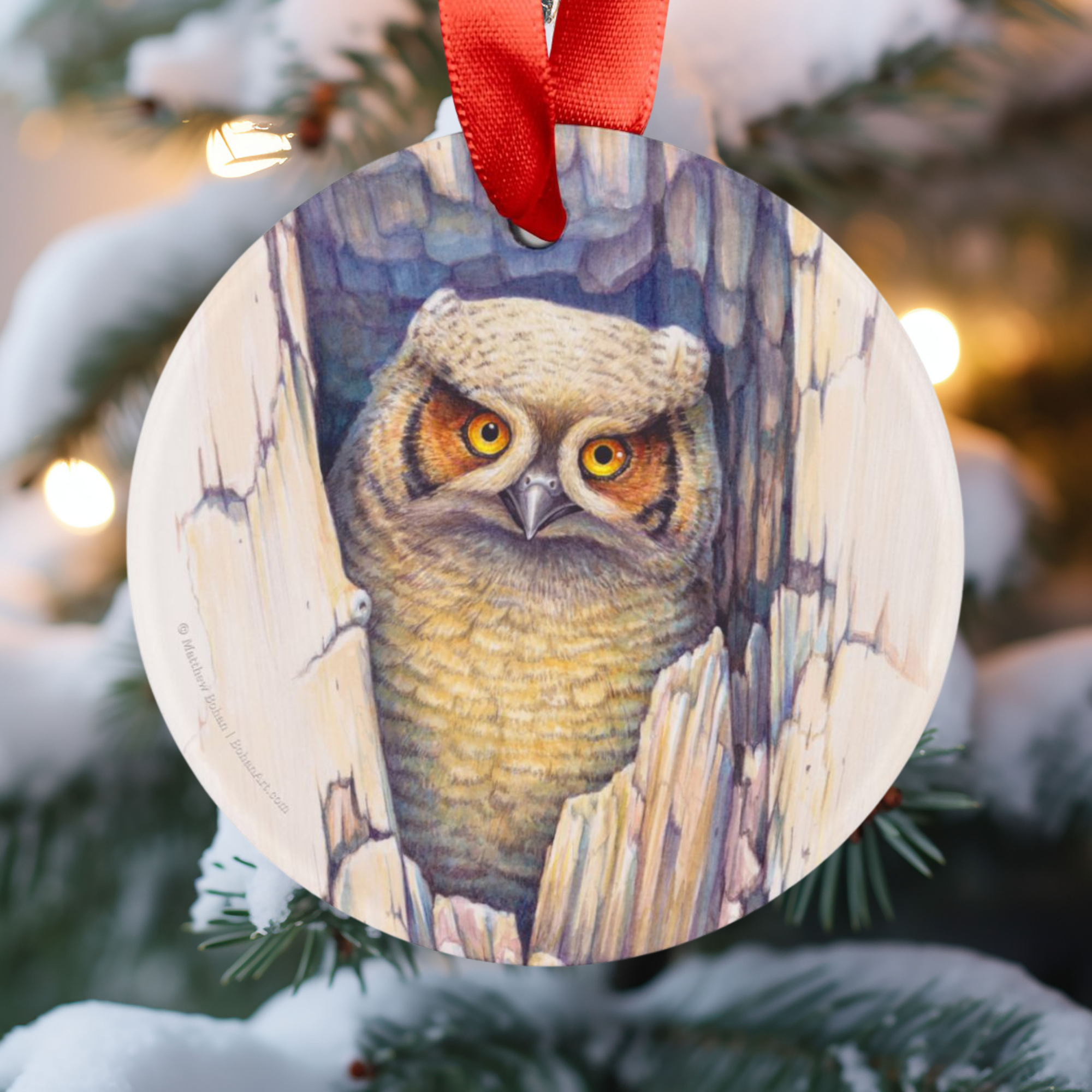 Great Horned Owl Christmas Ornament | Red Ribbon Bird Art Decoration | Wildlife Watercolor Tree Ornament | Nature Gift for Bird Lovers product thumbnail image