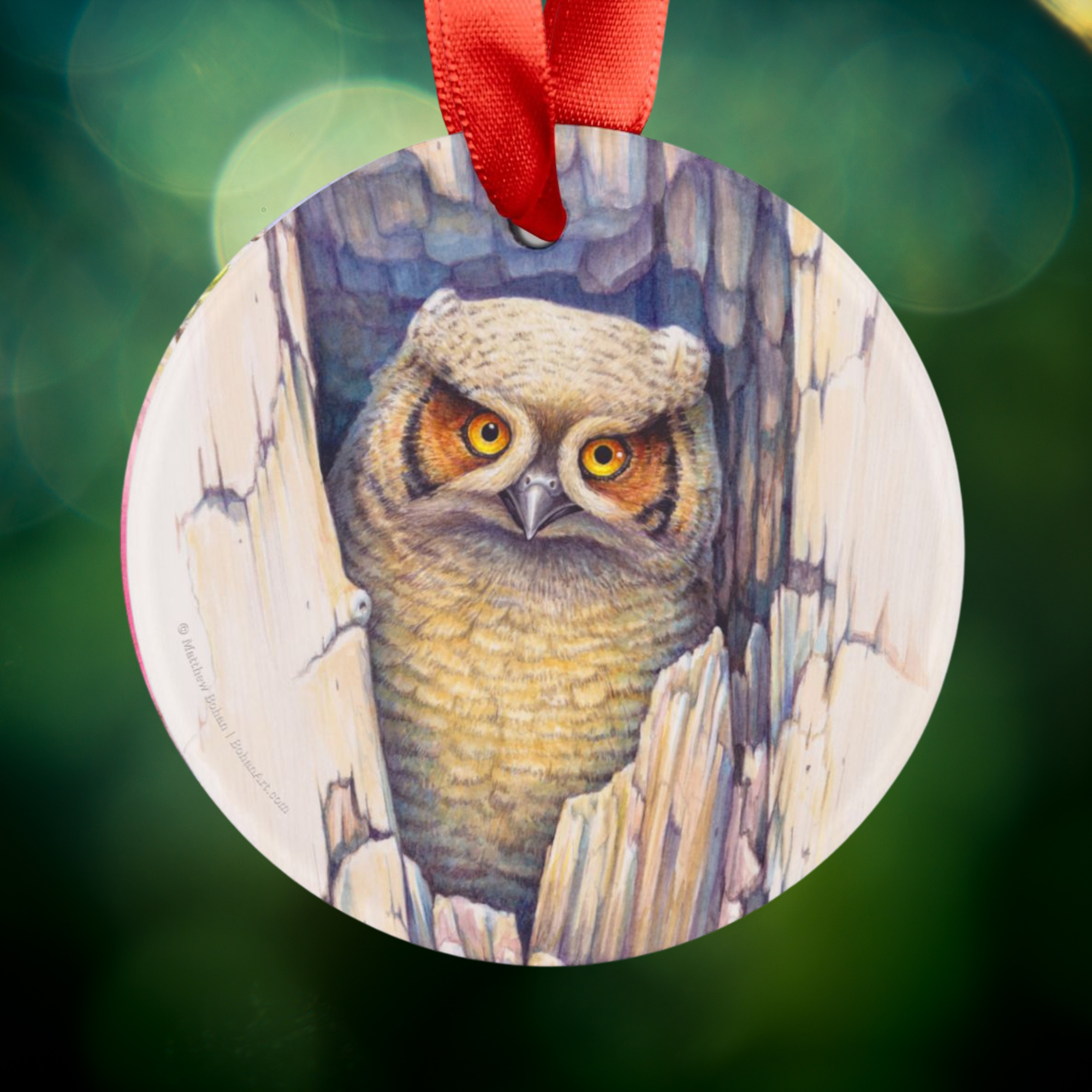 Great Horned Owl Christmas Ornament | Red Ribbon Bird Art Decoration | Wildlife Watercolor Tree Ornament | Nature Gift for Bird Lovers product thumbnail image
