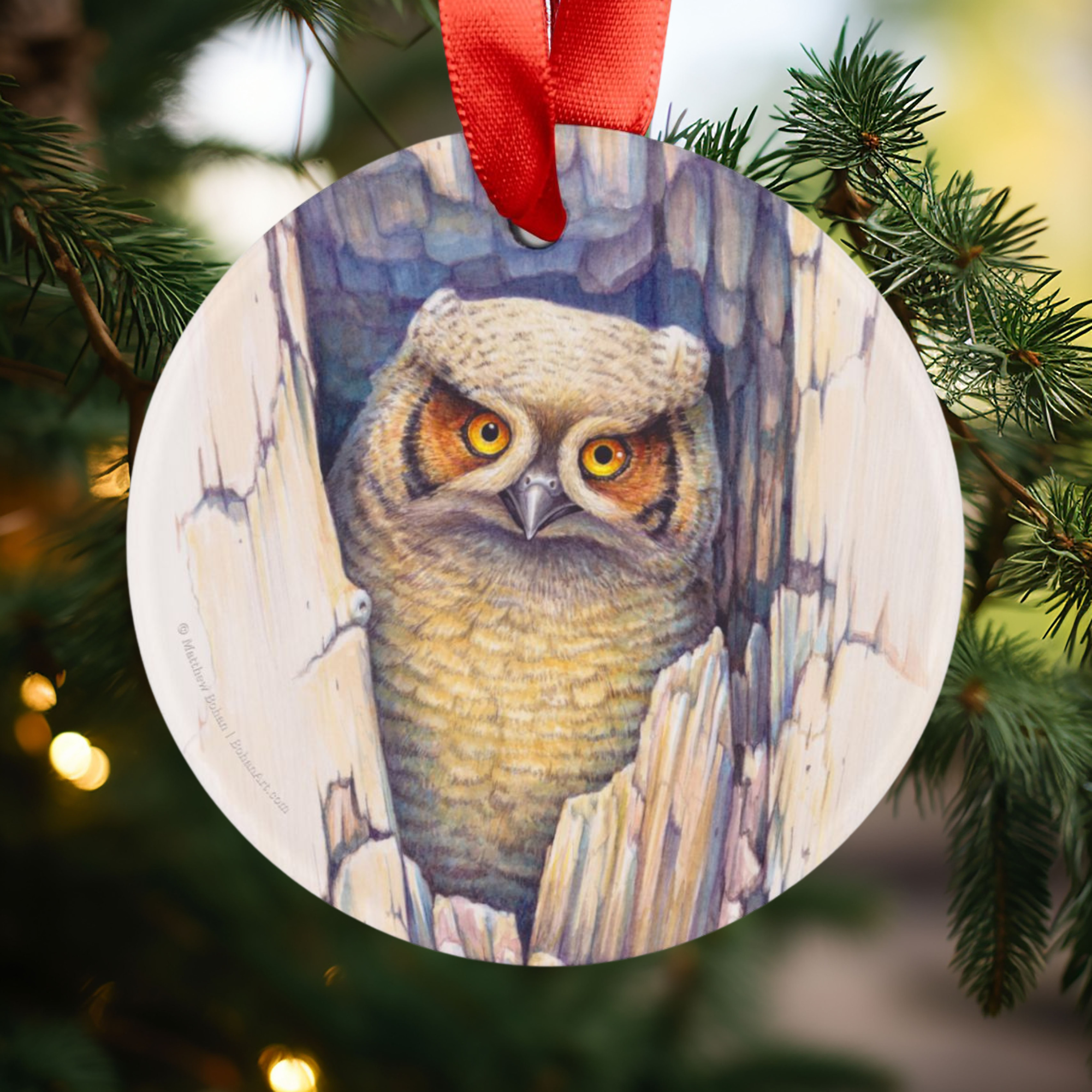 Great Horned Owl Christmas Ornament | Red Ribbon Bird Art Decoration | Wildlife Watercolor Tree Ornament | Nature Gift for Bird Lovers product thumbnail image