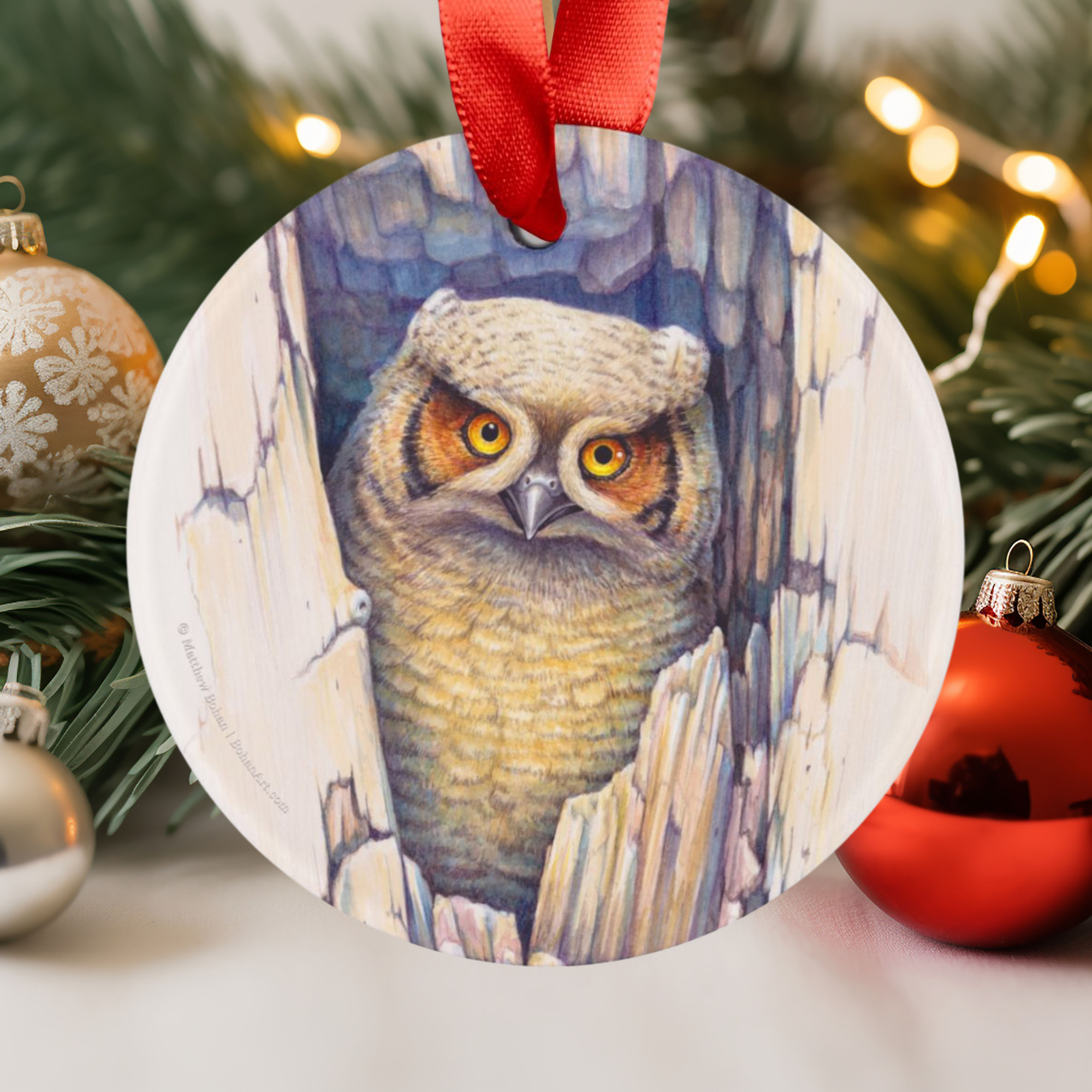 Great Horned Owl Christmas Ornament | Red Ribbon Bird Art Decoration | Wildlife Watercolor Tree Ornament | Nature Gift for Bird Lovers product thumbnail image