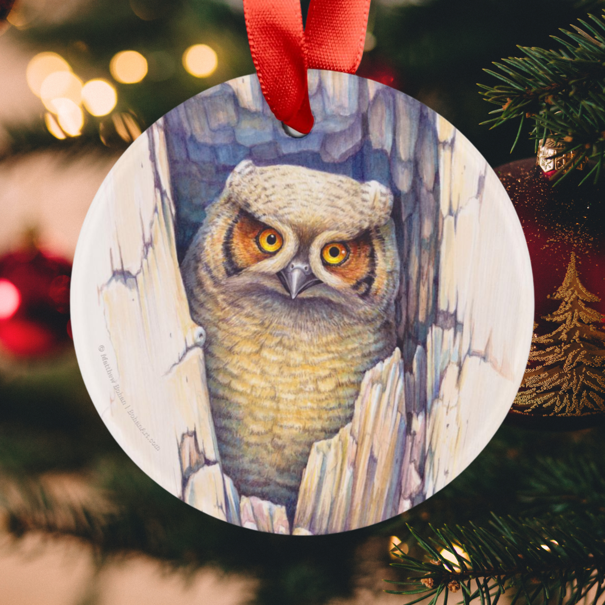 Great Horned Owl Christmas Ornament | Red Ribbon Bird Art Decoration | Wildlife Watercolor Tree Ornament | Nature Gift for Bird Lovers product thumbnail image