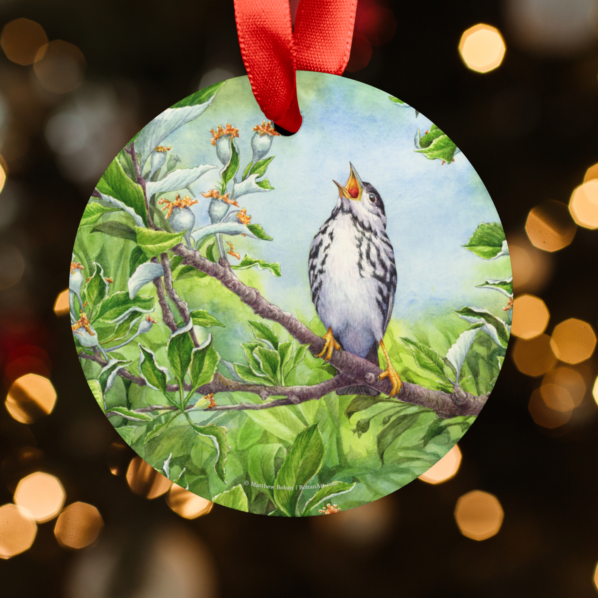 Blackpoll Warbler Christmas Ornament with Red Ribbon | Watercolor Bird Art Decoration | Birder Gift for Nature Lovers | Christmas Tree Decor product thumbnail image