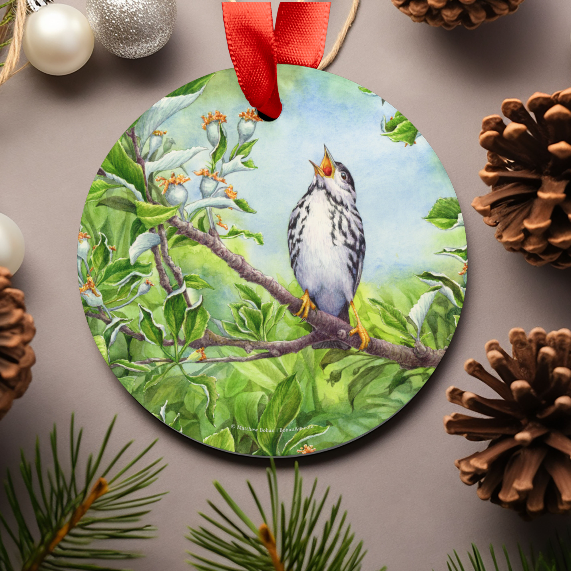 Blackpoll Warbler Christmas Ornament with Red Ribbon | Watercolor Bird Art Decoration | Birder Gift for Nature Lovers | Christmas Tree Decor product thumbnail image