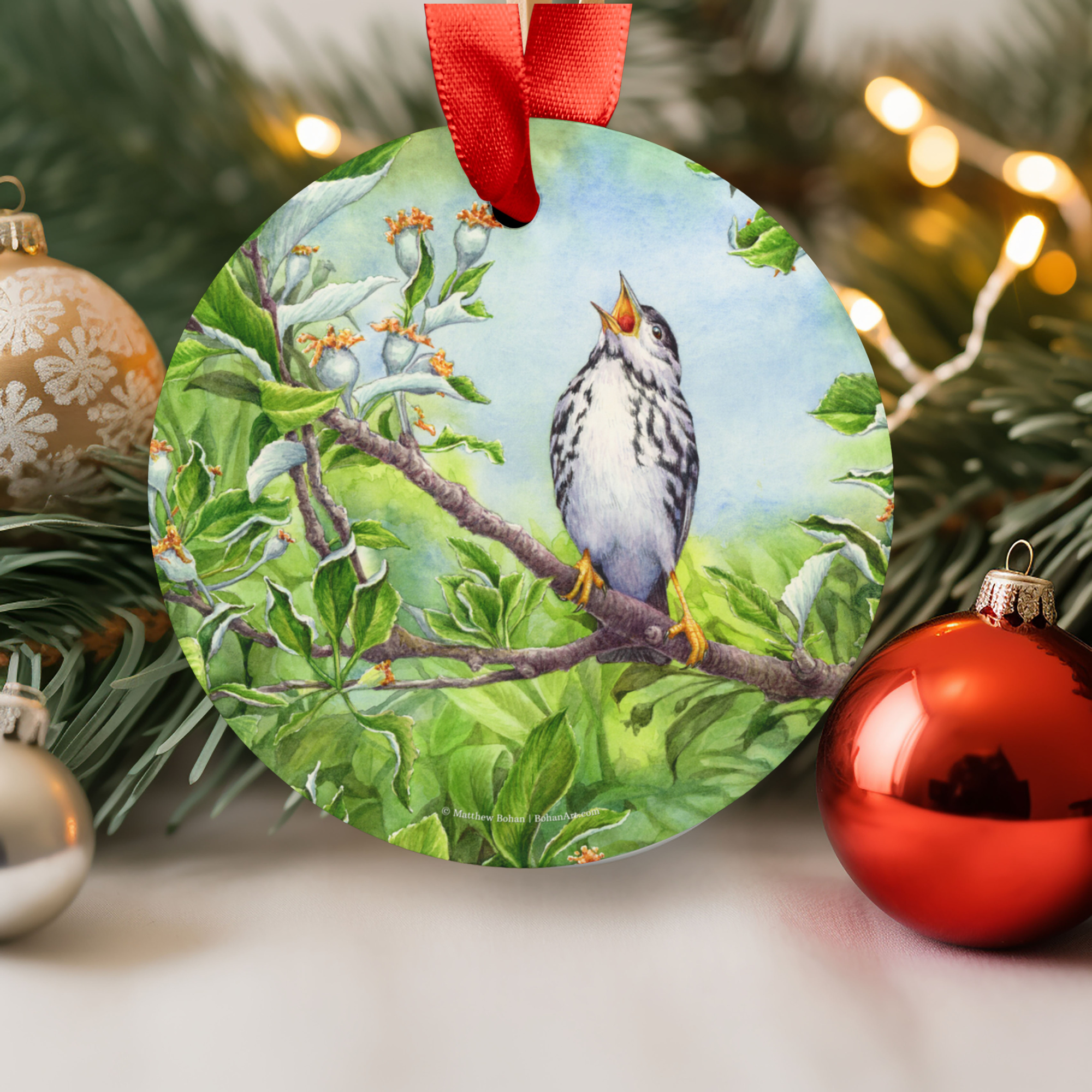 Blackpoll Warbler Christmas Ornament with Red Ribbon | Watercolor Bird Art Decoration | Birder Gift for Nature Lovers | Christmas Tree Decor product thumbnail image