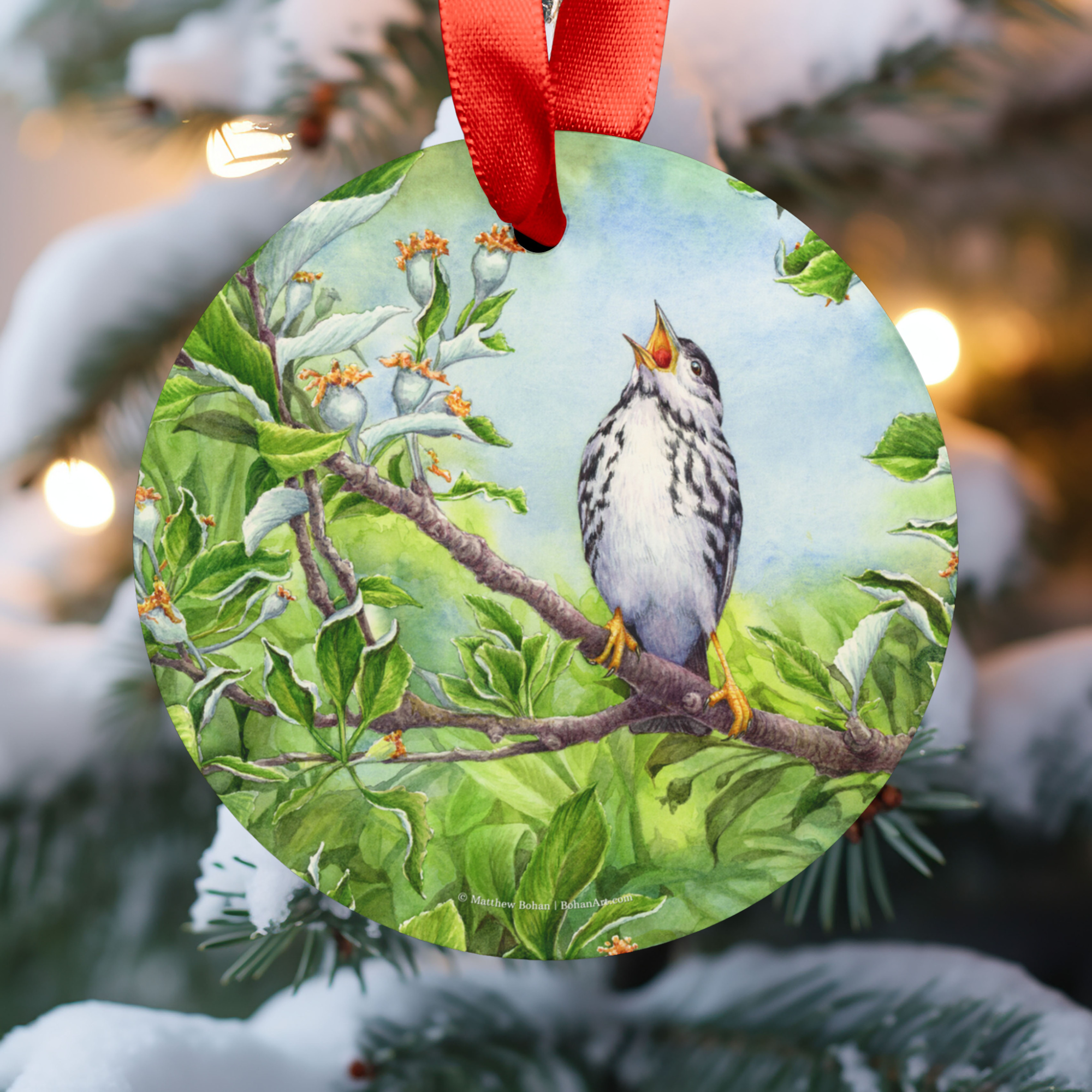 Blackpoll Warbler Christmas Ornament with Red Ribbon | Watercolor Bird Art Decoration | Birder Gift for Nature Lovers | Christmas Tree Decor product thumbnail image