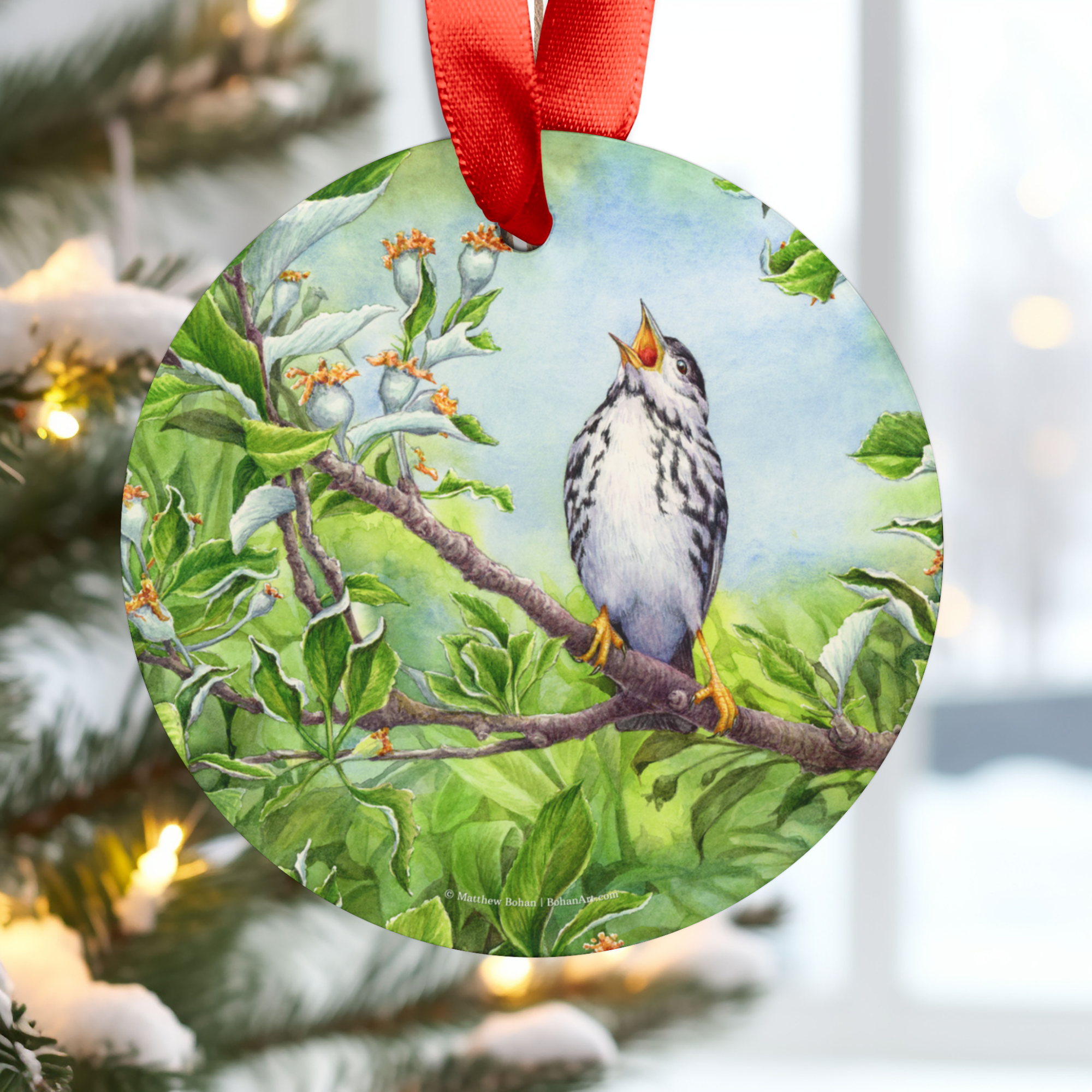 Blackpoll Warbler Christmas Ornament with Red Ribbon | Watercolor Bird Art Decoration | Birder Gift for Nature Lovers | Christmas Tree Decor product thumbnail image