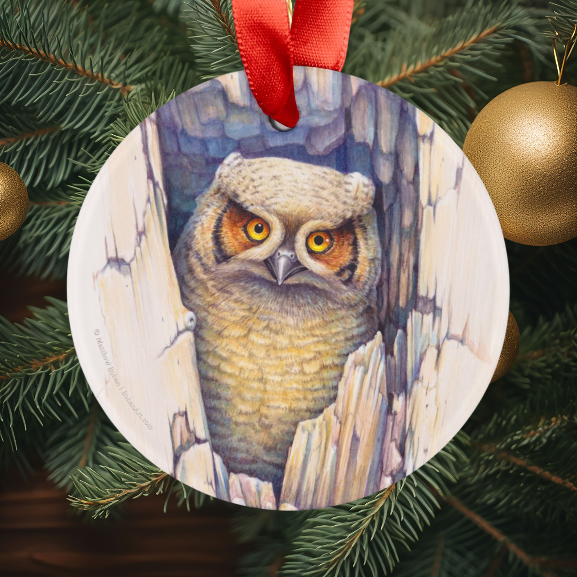 Great Horned Owl Christmas Ornament | Red Ribbon Bird Art Decoration | Wildlife Watercolor Tree Ornament | Nature Gift for Bird Lovers