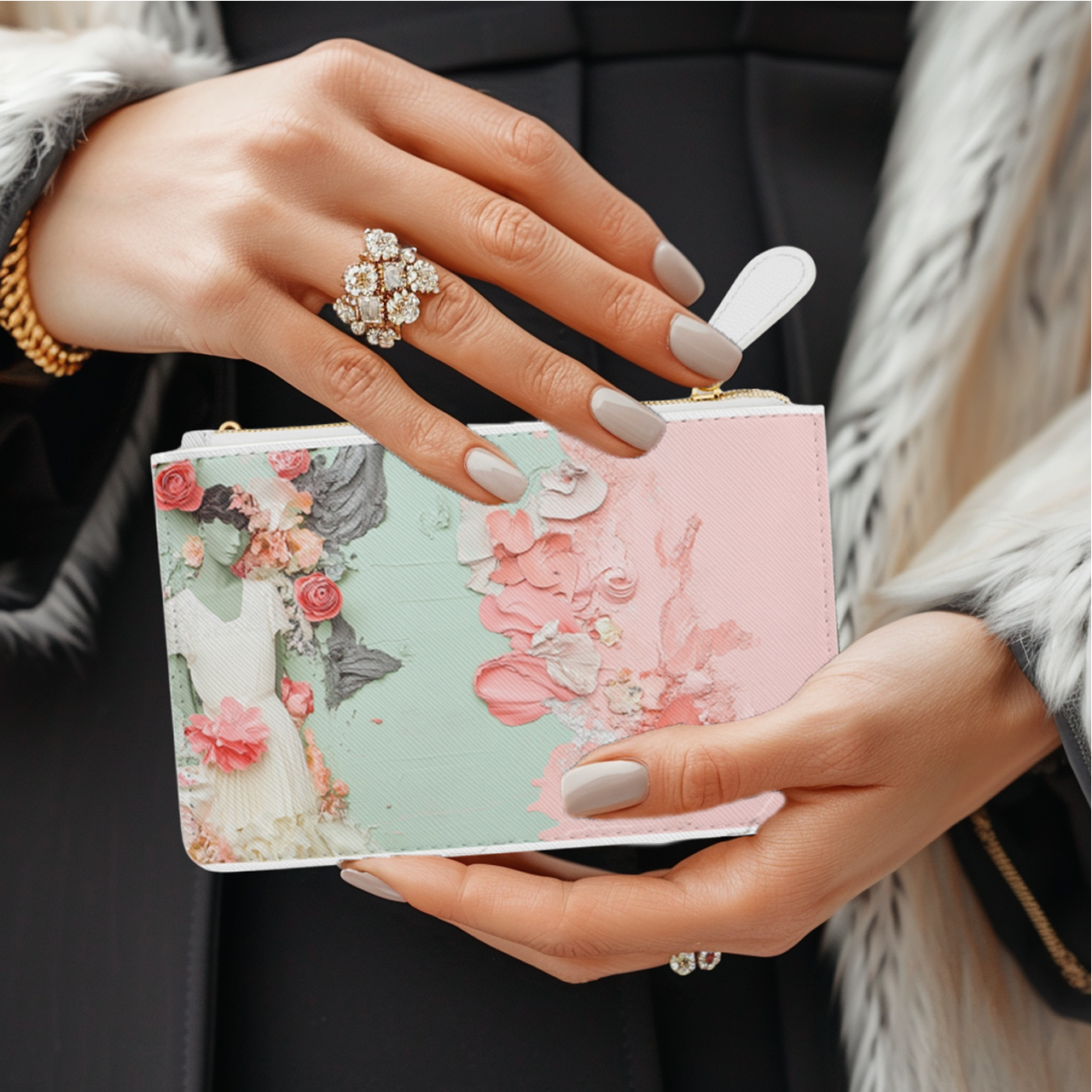Floral Art Mini Clutch Bag, Perfect for Weddings, Date Nights, Gifts, Travel, Feminine Accessories product thumbnail image Floral Art Mini Clutch Bag, Perfect for Weddings, Date Nights, Gifts, Travel, Feminine Accessories product thumbnail image