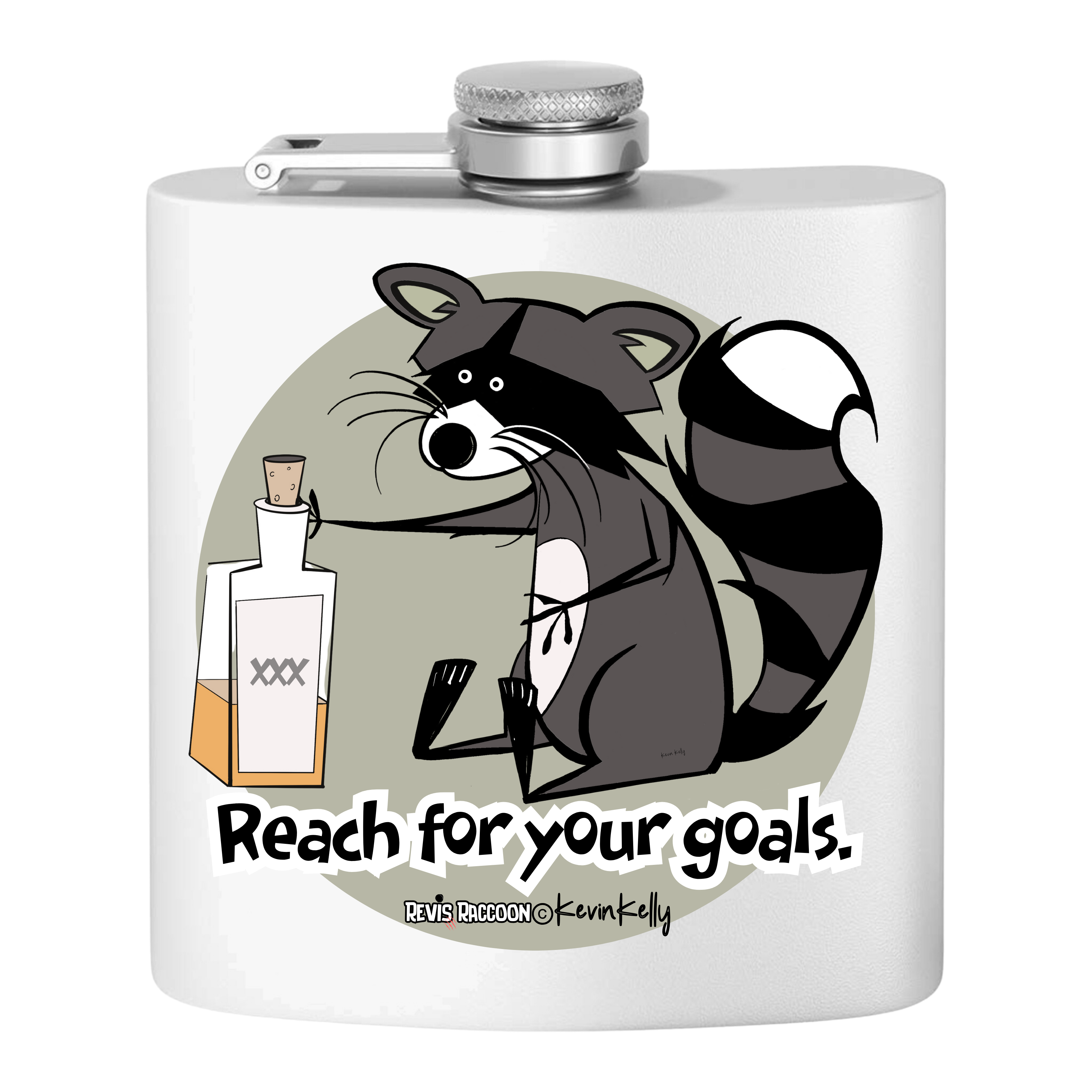 Revis Raccoon© "Reach for your goals" Steel Flask, 6oz