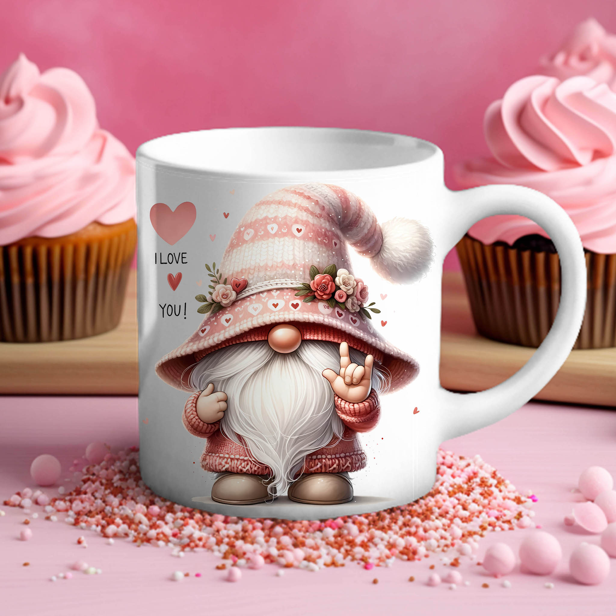Valentine Gnome ILY ASL American Sign Language I Love You Ceramic Mug, (11oz, 15oz)