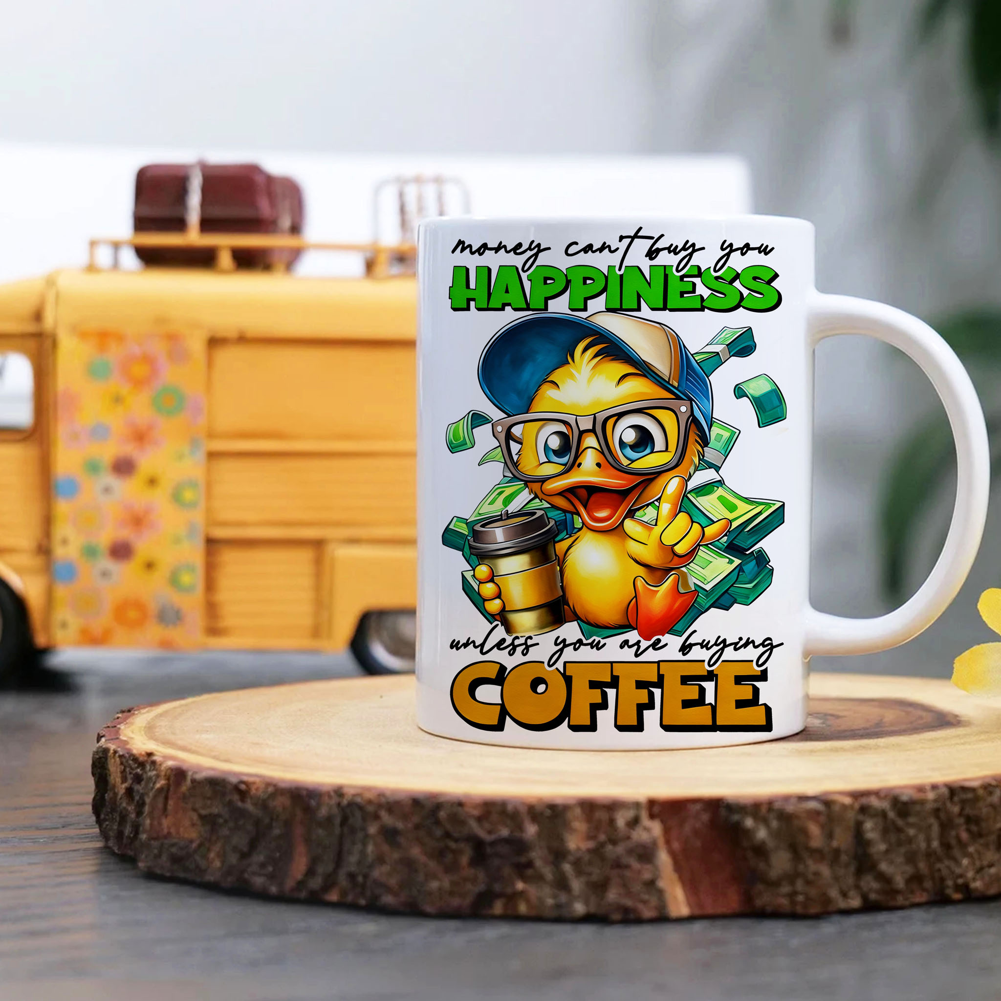 Cute Duck American Sign Language ASL ILY I Love You "Money Can't Buy You Happiness Unless You Are Buying Coffee" Ceramic Mug, (11oz, 15oz) product thumbnail image Cute Duck American Sign Language ASL ILY I Love You "Money Can't Buy You Happiness Unless You Are Buying Coffee" Ceramic Mug, (11oz, 15oz) product thumbnail image