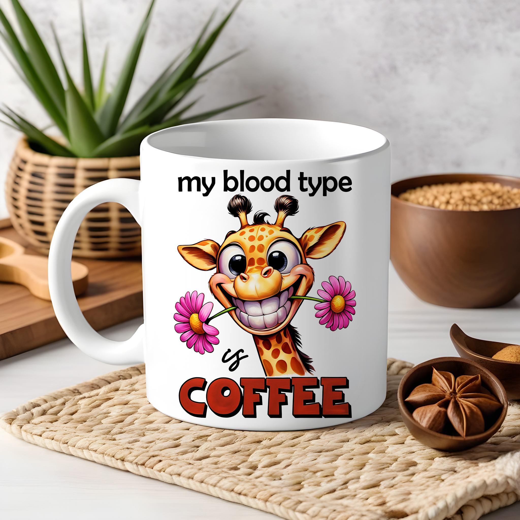 Cute Giraffe "My Blood Type is Coffee" Ceramic Mug, (11oz, 15oz) product thumbnail image