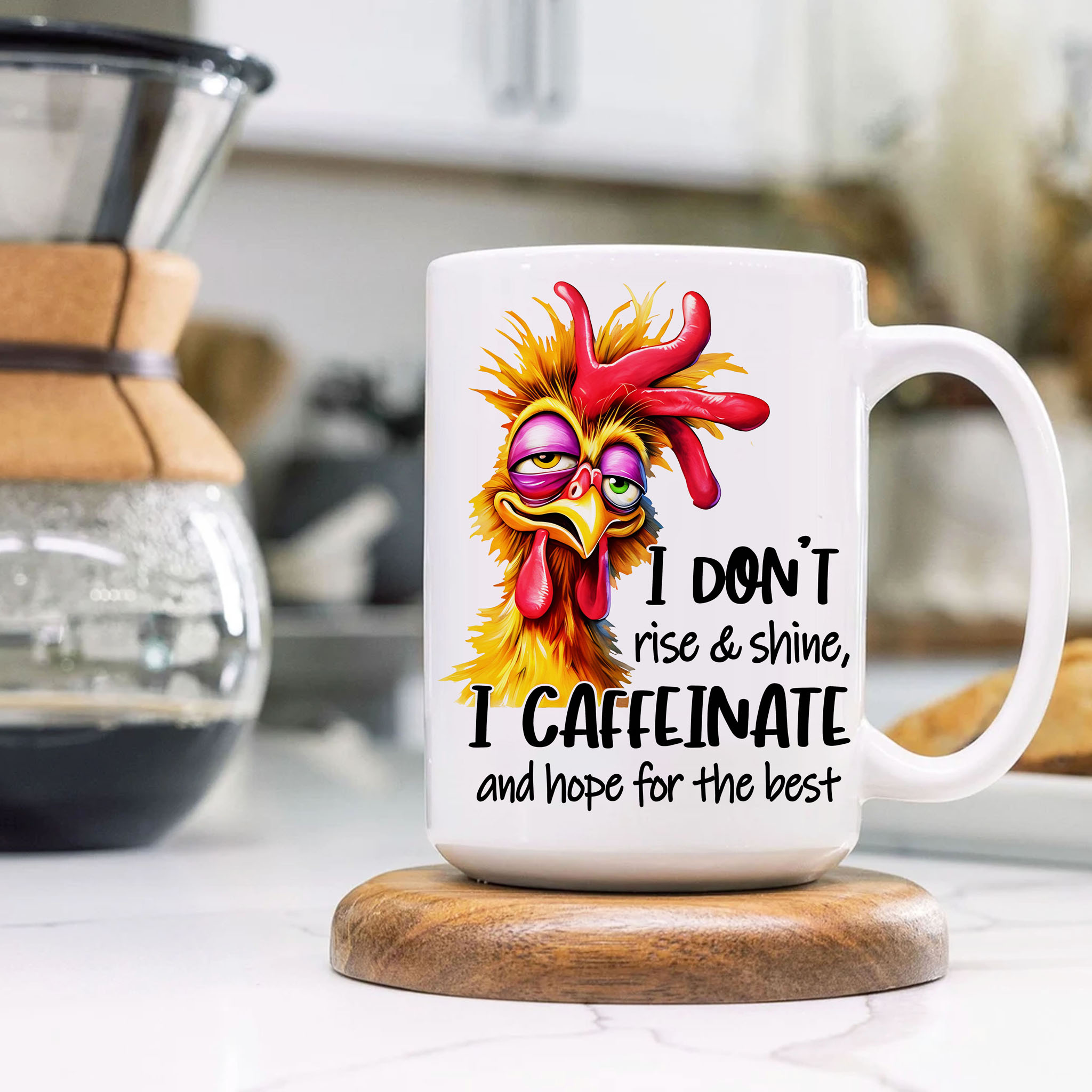 Tired Rooster "I Don't Rise & Shine, I Caffeinate and Hope for the Best" Ceramic Mug, (11oz, 15oz) product thumbnail image Tired Rooster "I Don't Rise & Shine, I Caffeinate and Hope for the Best" Ceramic Mug, (11oz, 15oz) product thumbnail image