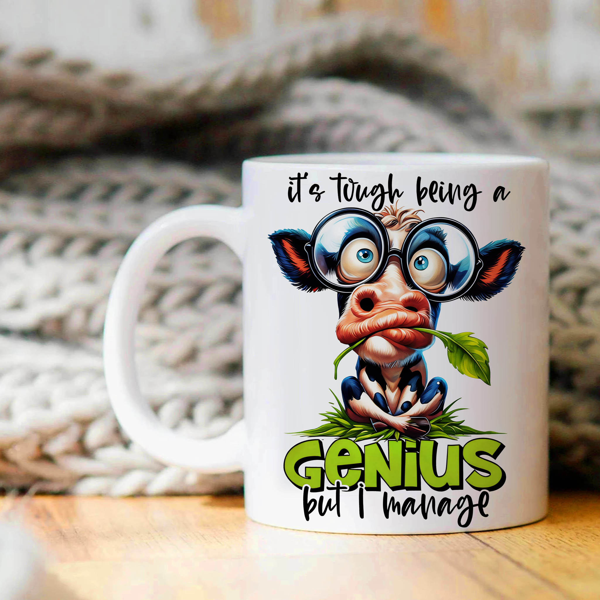 Cute Cow "It's Tough Being a Genius But I Manage" Ceramic Mug, (11oz, 15oz) product thumbnail image Cute Cow "It's Tough Being a Genius But I Manage" Ceramic Mug, (11oz, 15oz) product thumbnail image