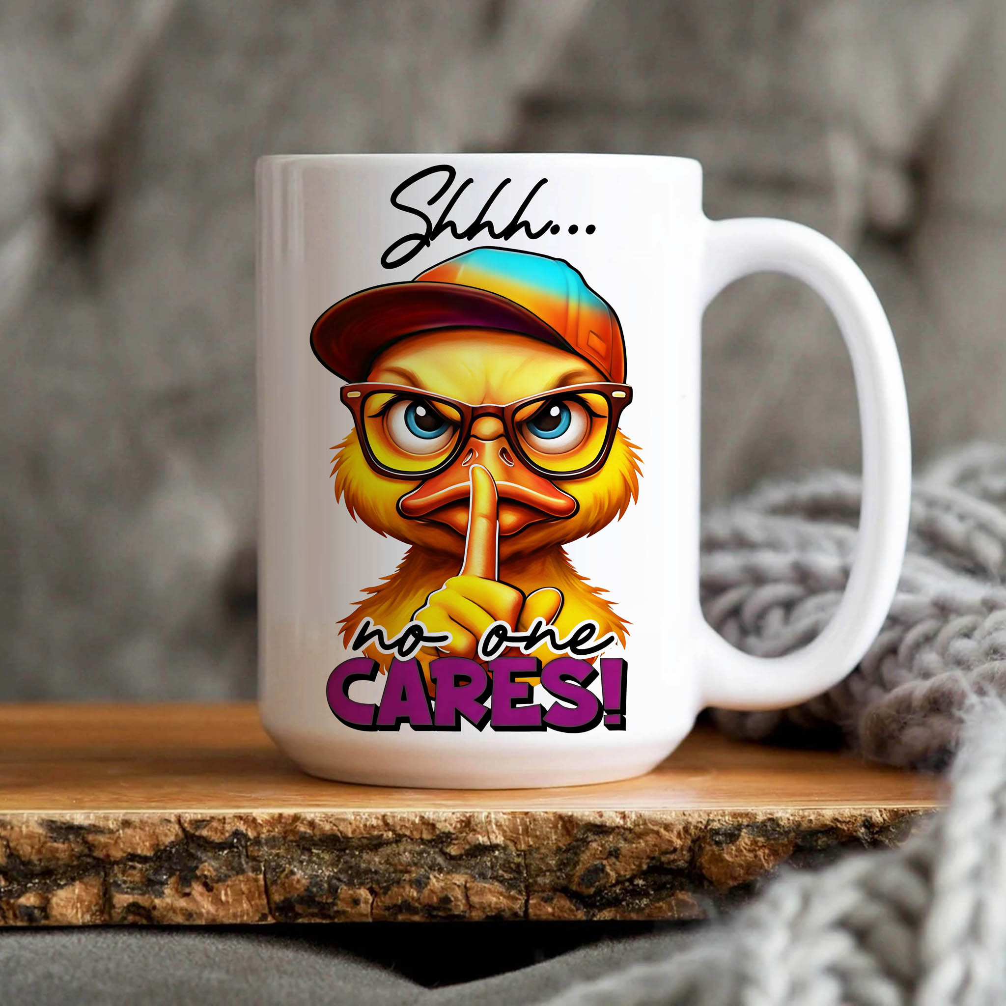 Funny Grumpy Duck "Shhh... No One Cares!" Ceramic Mug, (11oz, 15oz) product thumbnail image Funny Grumpy Duck "Shhh... No One Cares!" Ceramic Mug, (11oz, 15oz) product thumbnail image