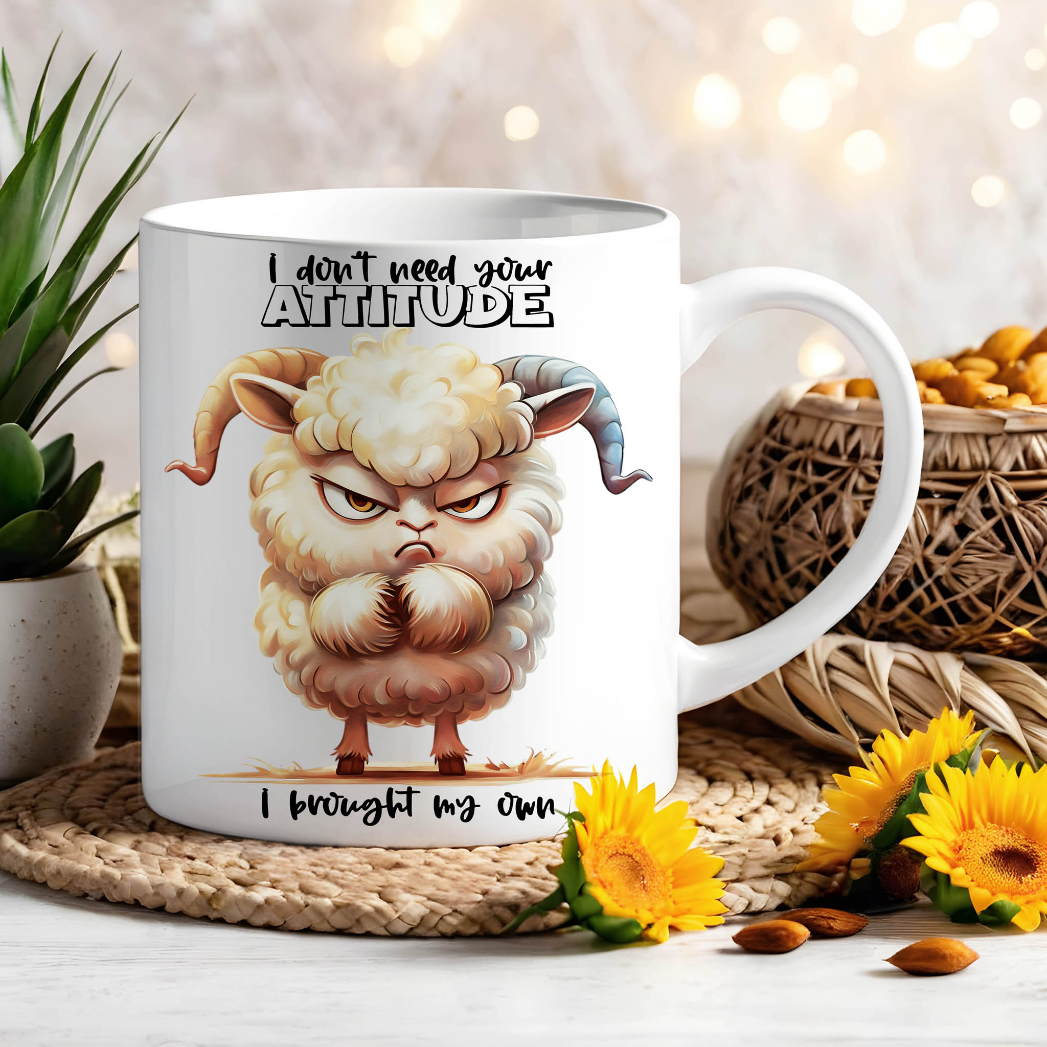 Funny Grumpy Sheep with Horns "I Don't Need Your Attitude I Brought My Own" Ceramic Mug, (11oz, 15oz) product thumbnail image