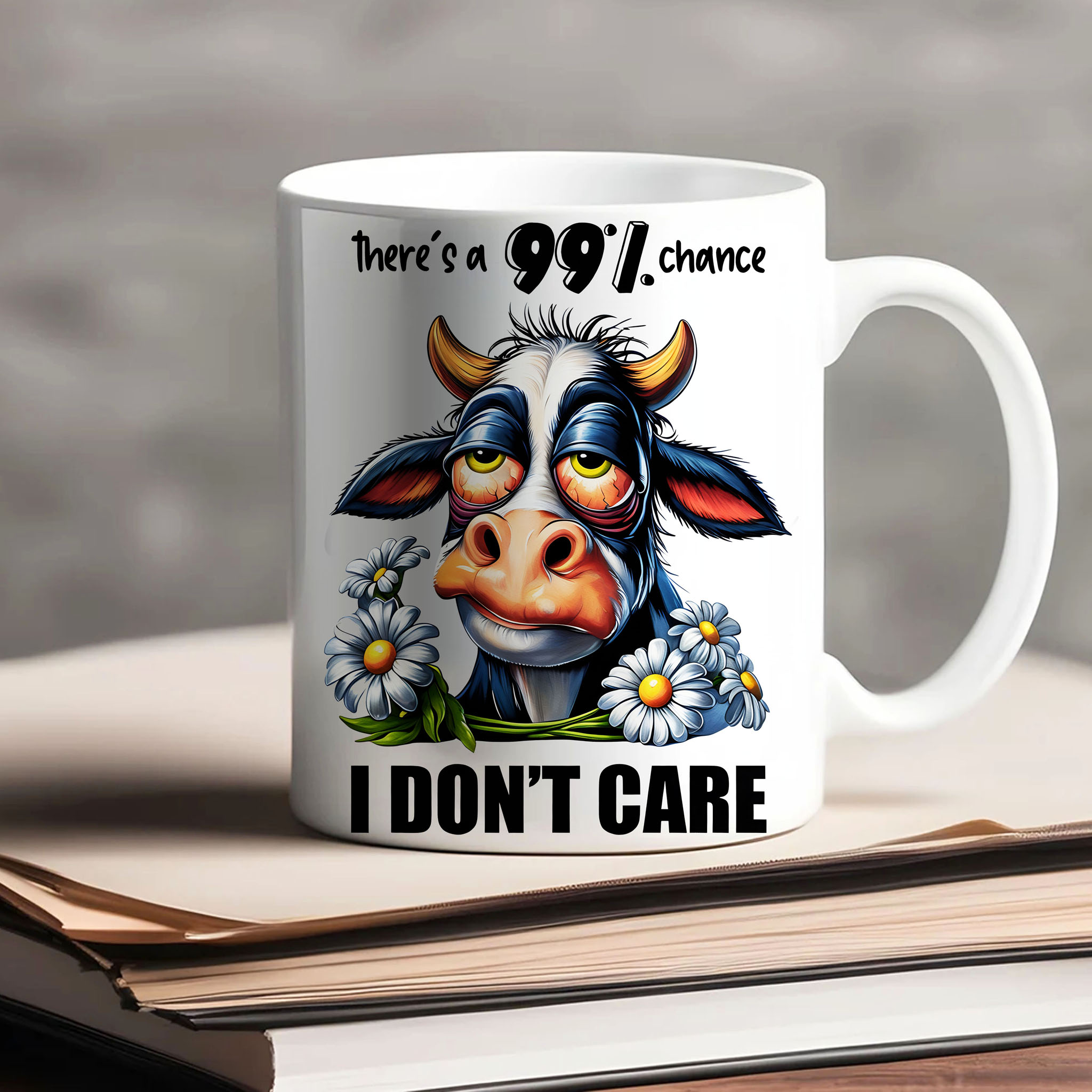 Tired Watercolor Cow "There's a 99% Chance I Don't Care" Ceramic Mug, (11oz, 15oz) product thumbnail image