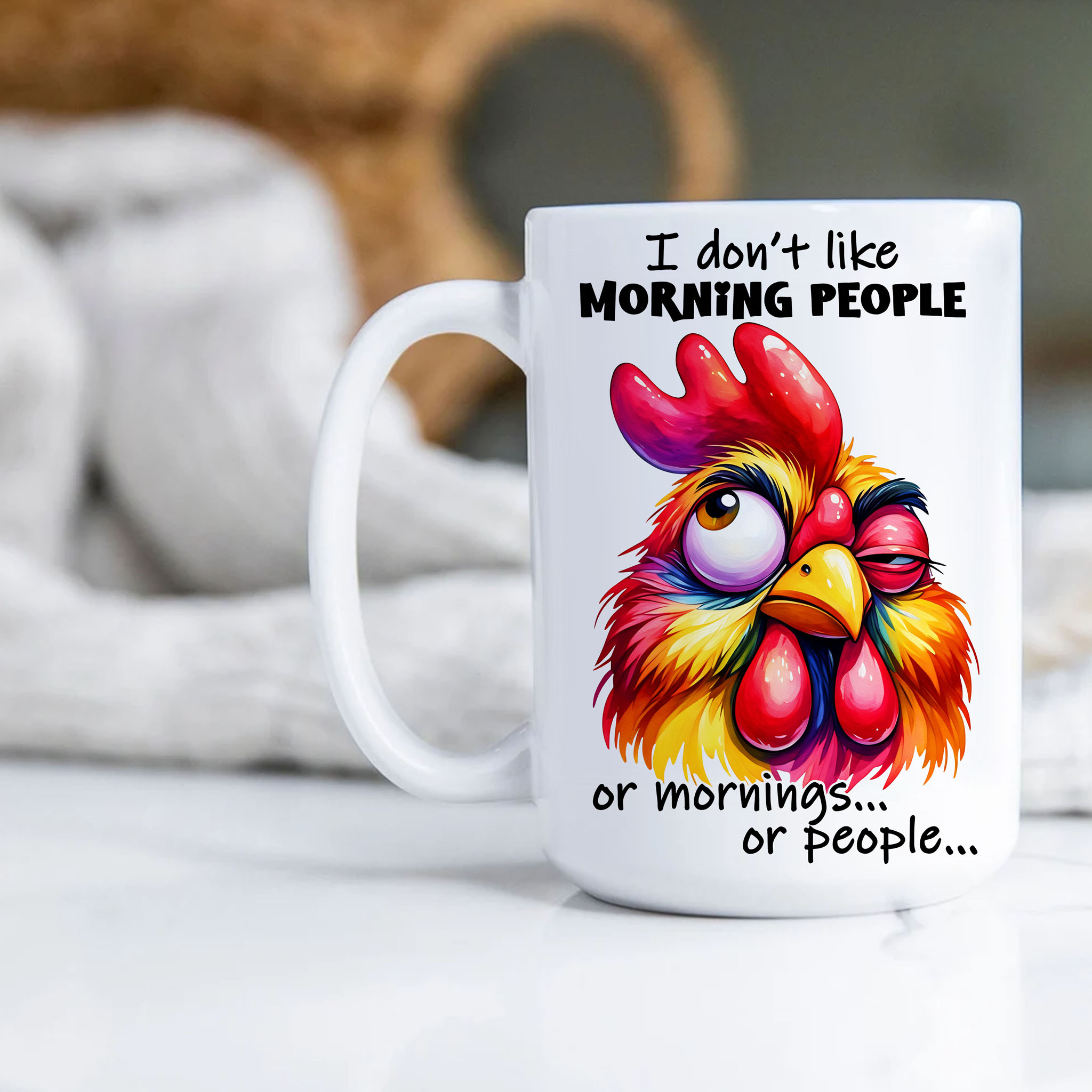 Grumpy Watercolor Rooster "I Don't Like Morning People Or Mornings... Or People..." Ceramic Mug, (11oz, 15oz) product thumbnail image Grumpy Watercolor Rooster "I Don't Like Morning People Or Mornings... Or People..." Ceramic Mug, (11oz, 15oz) product thumbnail image