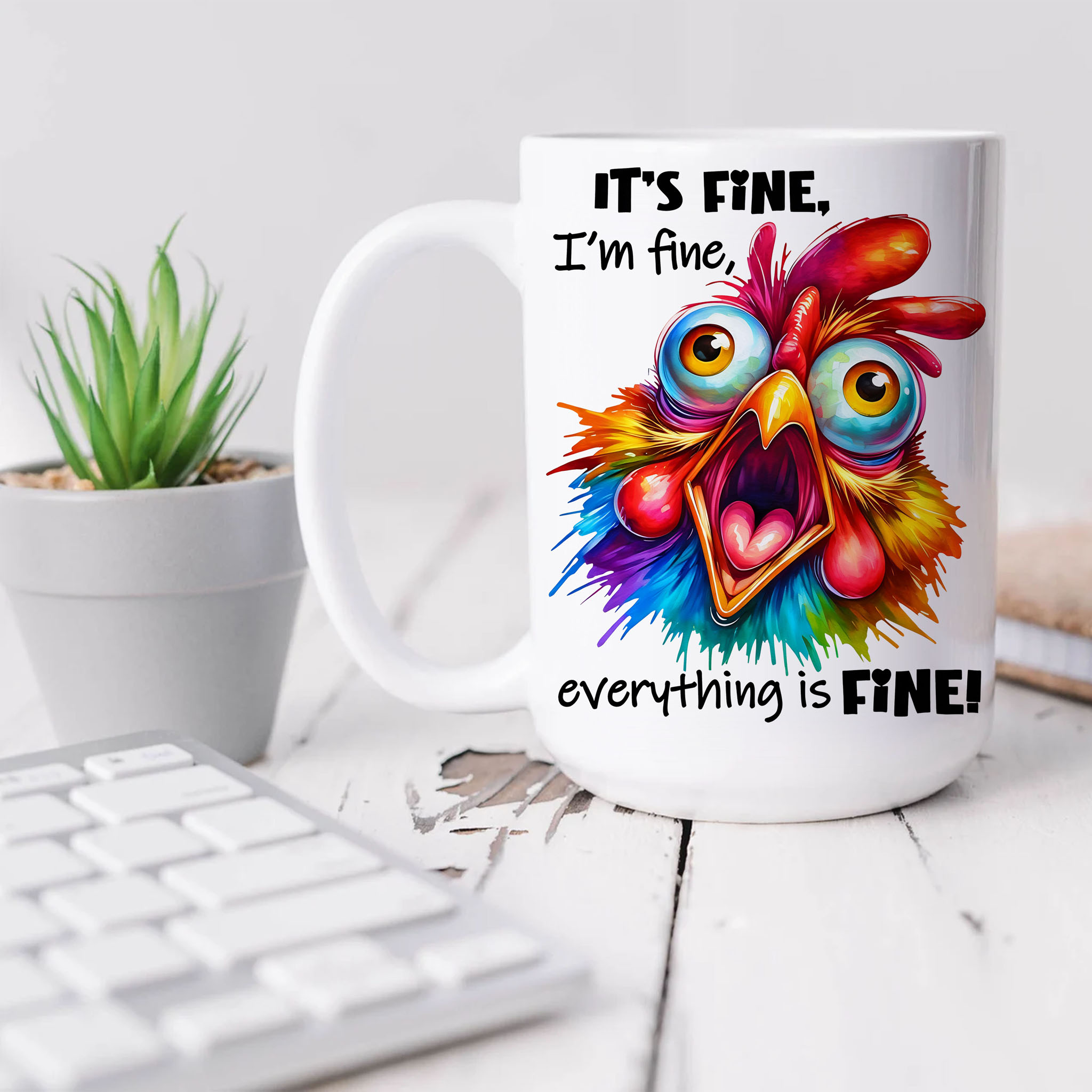 Crazy Watercolor Rooster "It's Fine, I'm Fine, Everything is Fine!" Ceramic Mug, (11oz, 15oz) product thumbnail image