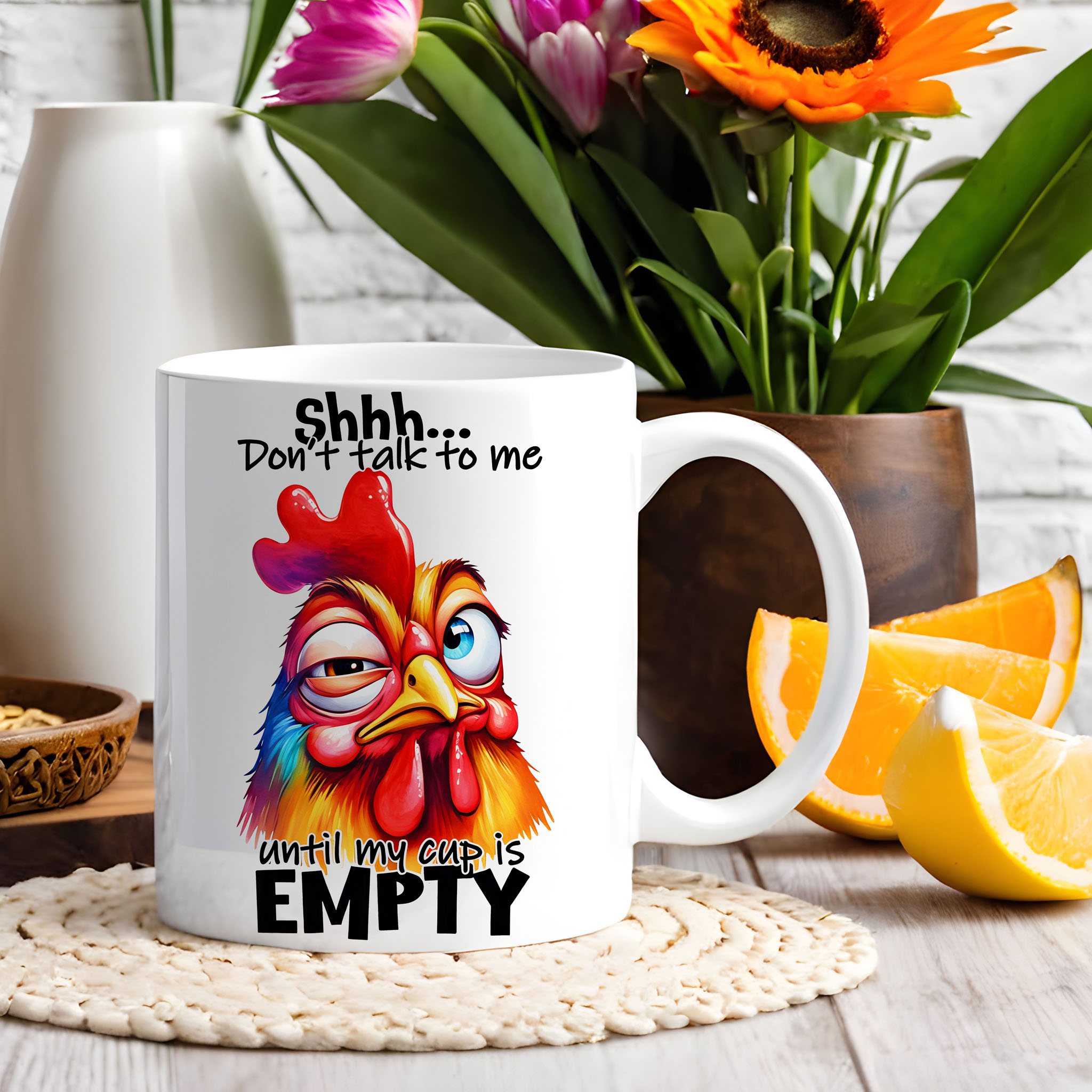 Grumpy Watercolor Rooster "Shhh... Don't Talk To Me Until My Cup Is Empty" Ceramic Mug, (11oz, 15oz) product thumbnail image Grumpy Watercolor Rooster "Shhh... Don't Talk To Me Until My Cup Is Empty" Ceramic Mug, (11oz, 15oz) product thumbnail image