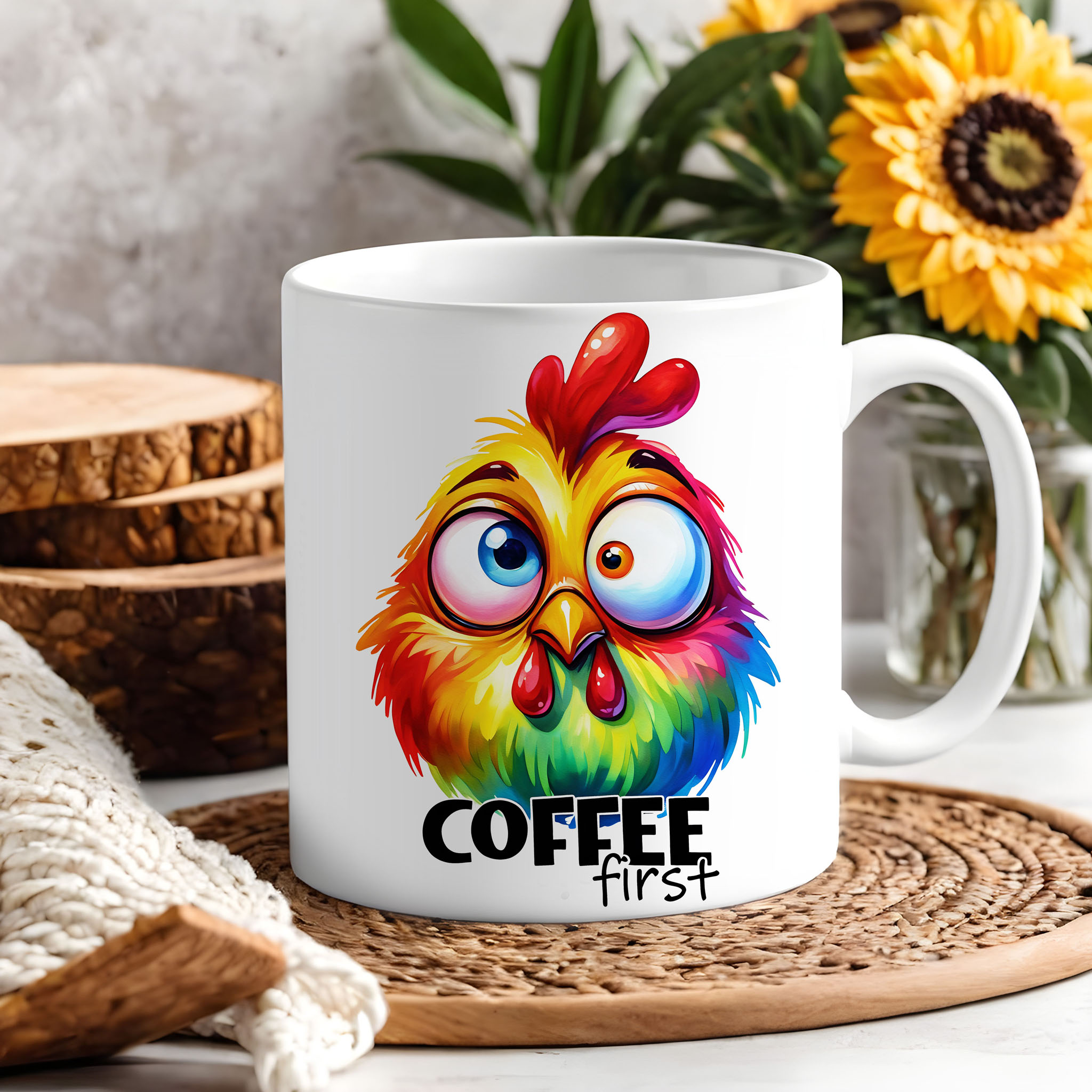 Watercolor Rooster "Coffee First" Ceramic Mug, (11oz, 15oz)