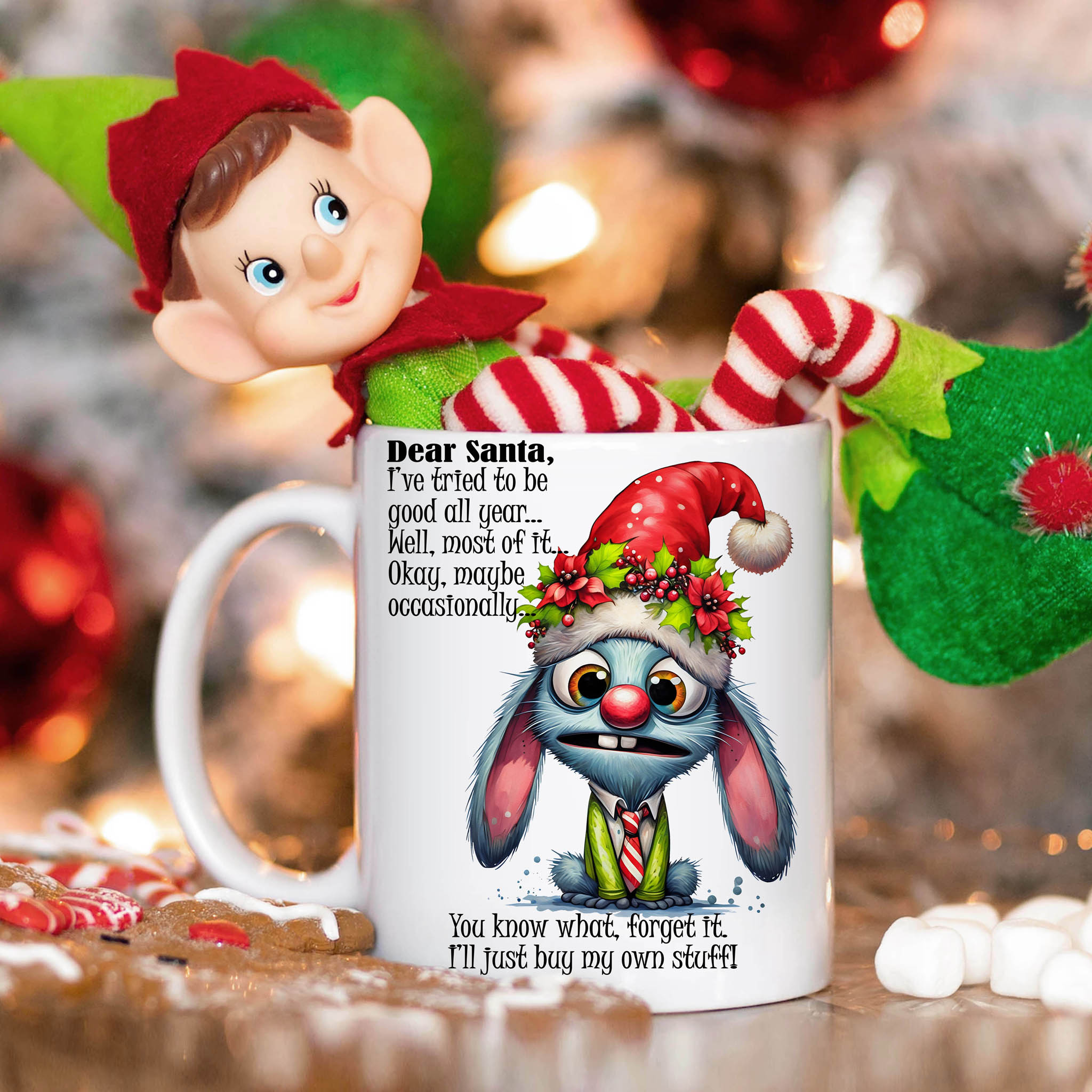 Xmas Rabbit "Dear Sana, I've tried to be good all year... Well, most of it... Okay, maybe occasionally... You know what, forget it. I'll just buy my own stuff!" Ceramic Mug, (11oz, 15oz) product thumbnail image Xmas Rabbit "Dear Sana, I've tried to be good all year... Well, most of it... Okay, maybe occasionally... You know what, forget it. I'll just buy my own stuff!" Ceramic Mug, (11oz, 15oz) product thumbnail image