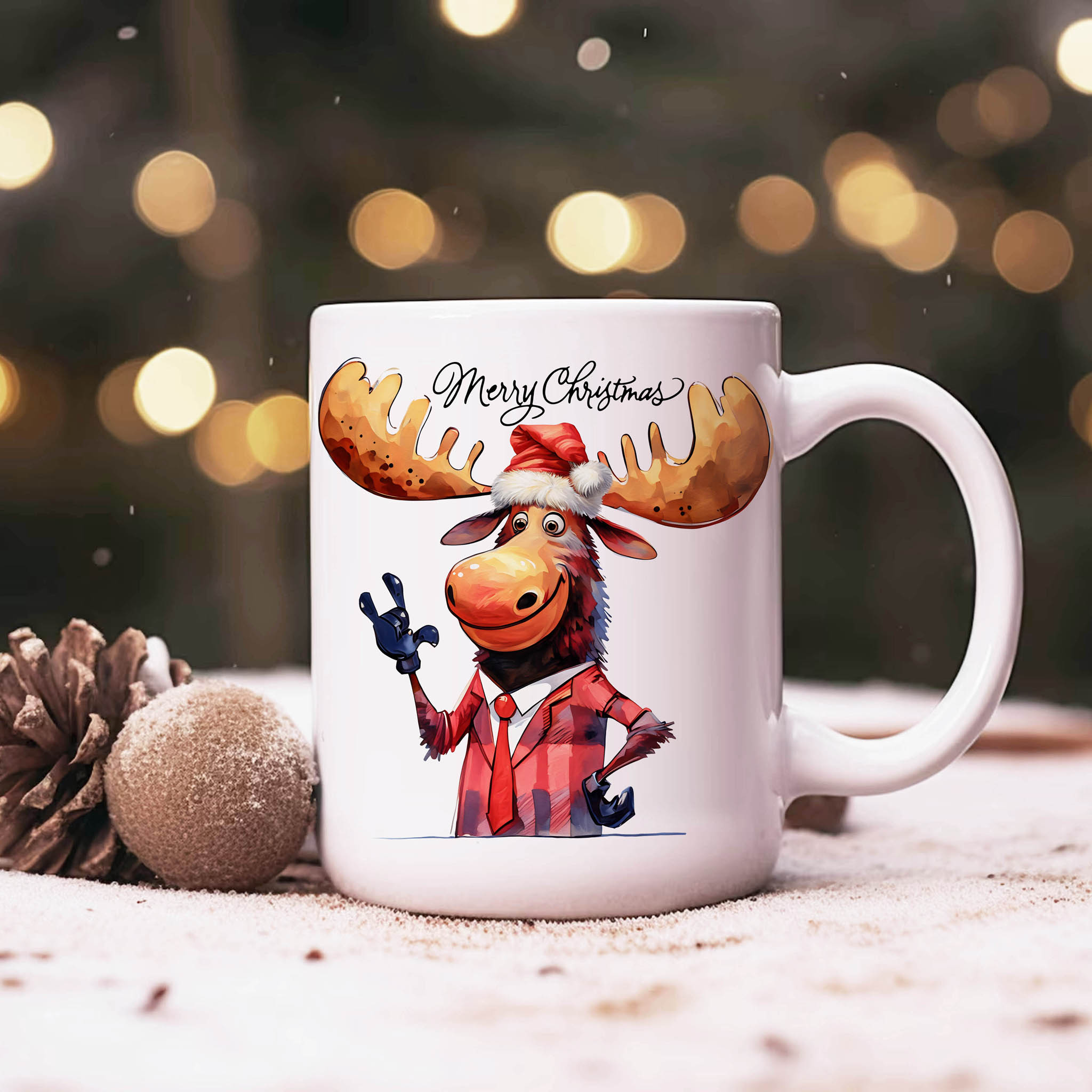 Christmas Watercolor Moose ILY ASL American Sign Language I Love You Ceramic Mug, (11oz, 15oz)