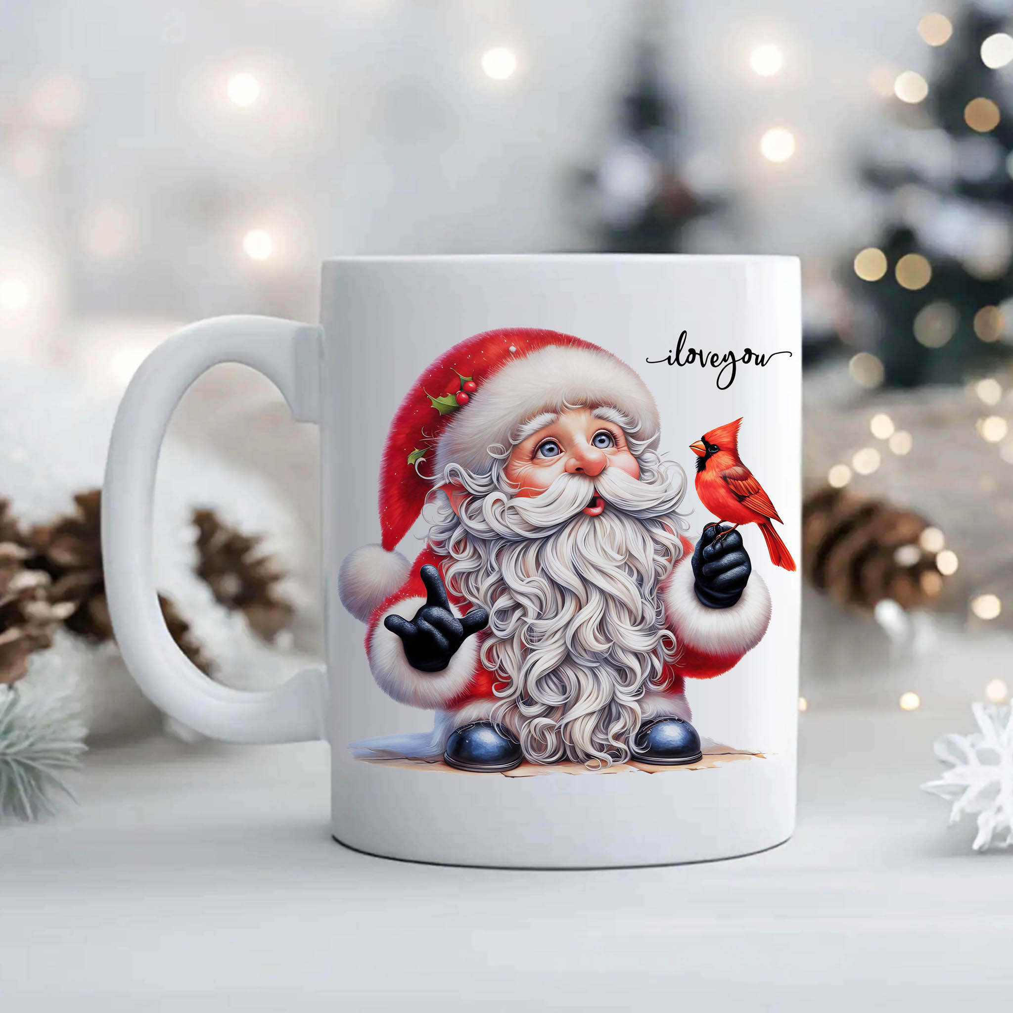 Christmas Watercolor Santa Claus ILY ASL American Sign Language I Love You Ceramic Mug, (11oz, 15oz) product thumbnail image