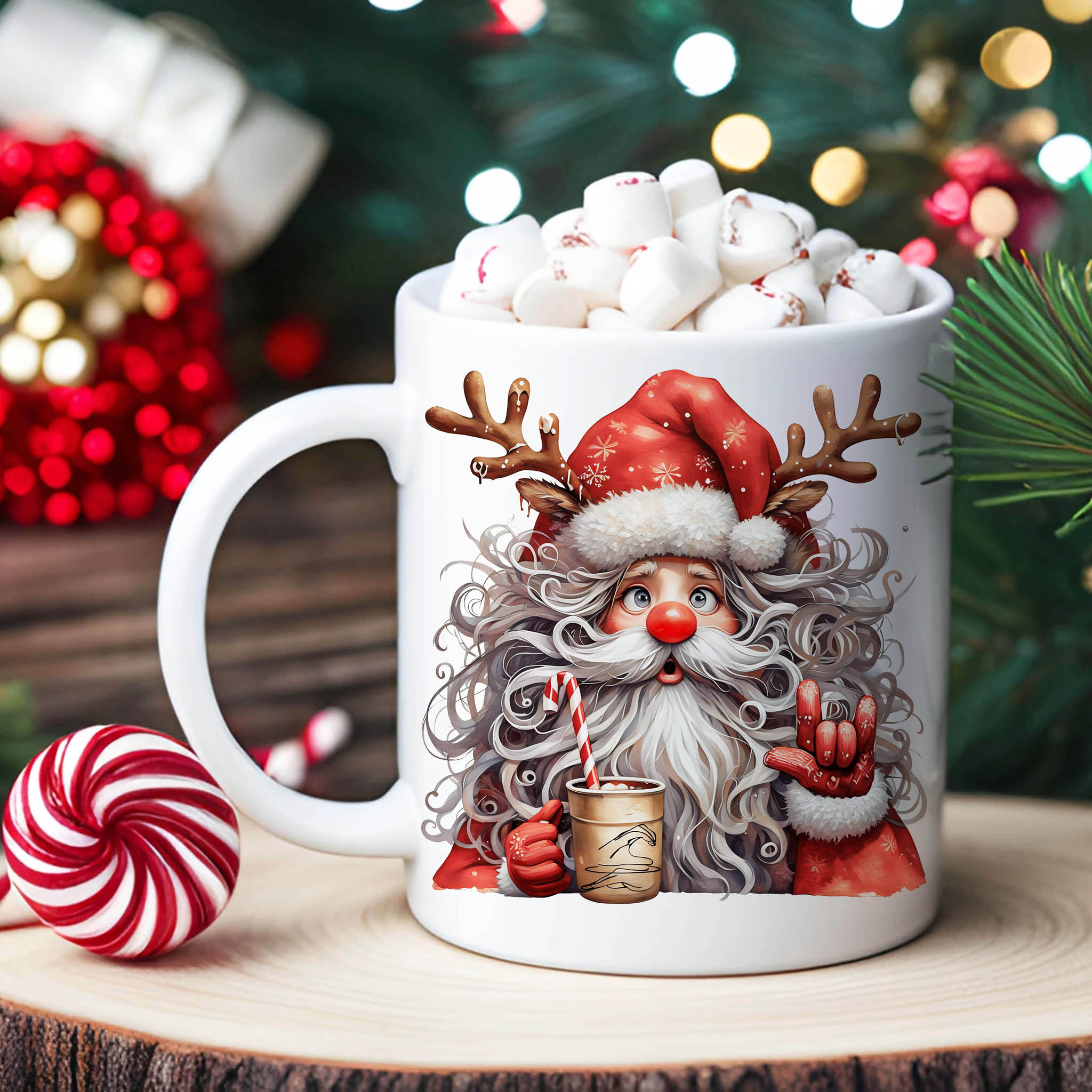 Christmas Watercolor Santa Claus ILY ASL American Sign Language I Love You Ceramic Mug, (11oz, 15oz)