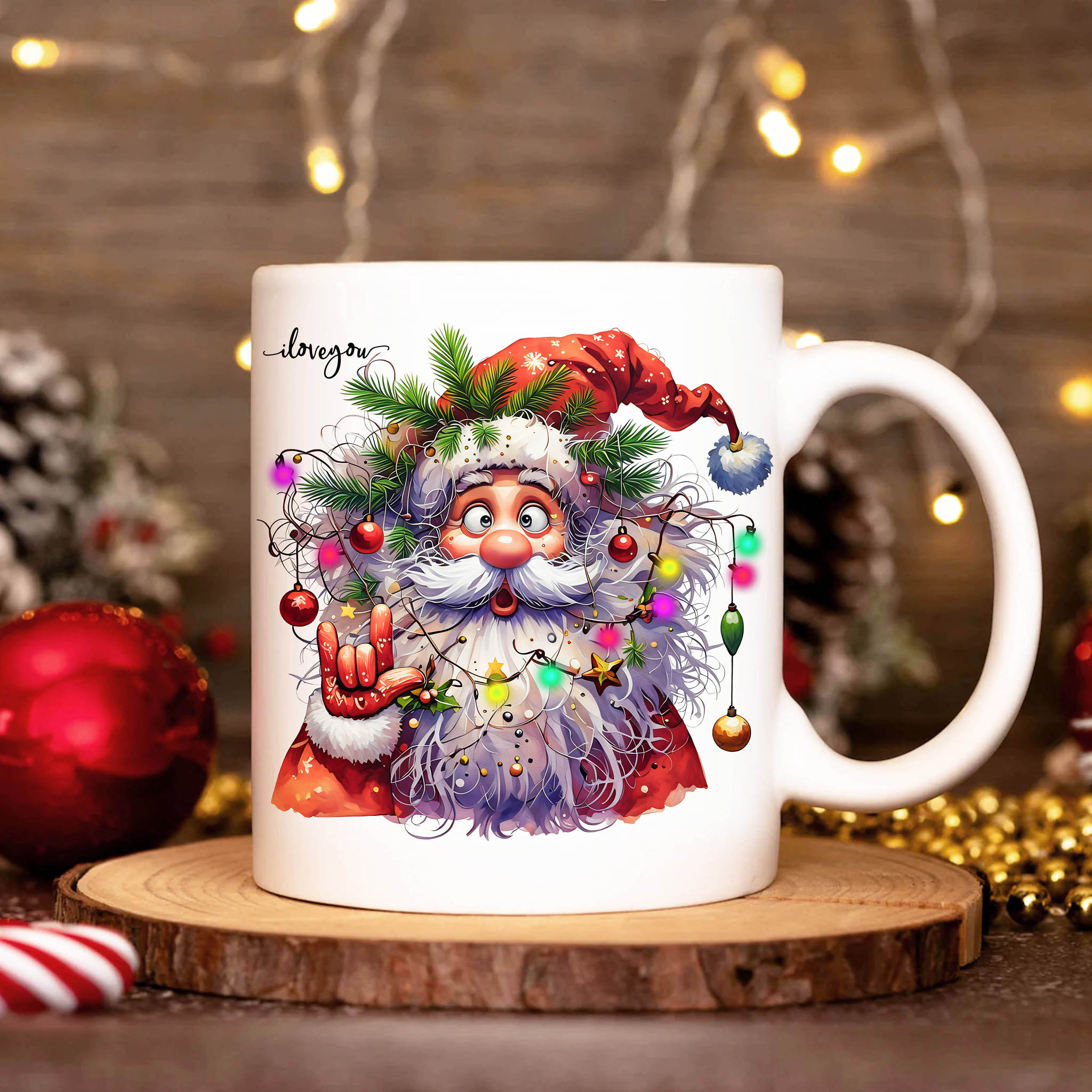 Christmas Watercolor Santa Claus ILY ASL American Sign Language I Love You Ceramic Mug, (11oz, 15oz)