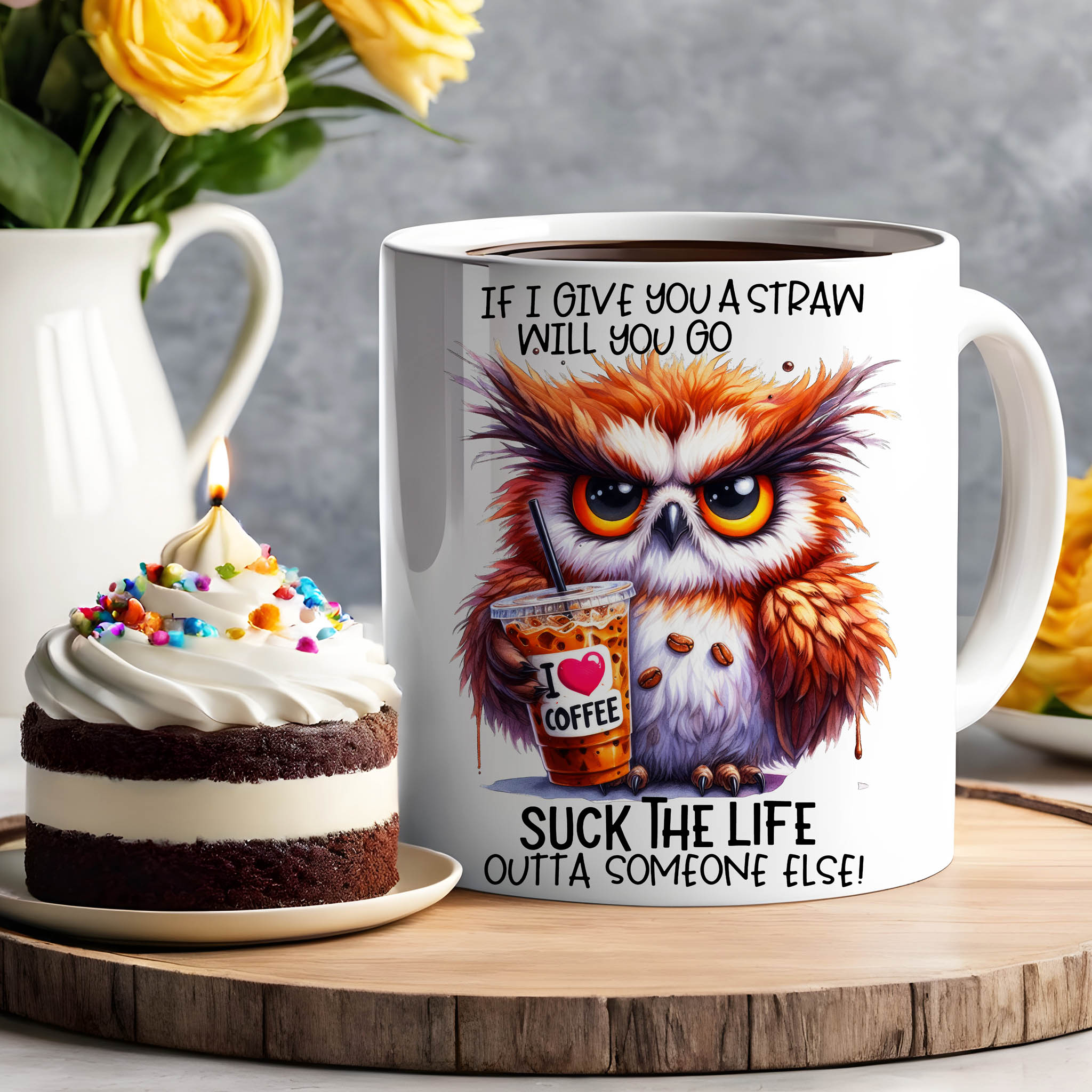 Grumpy Watercolor Owl Coffee Ceramic Mug, (11oz, 15oz)