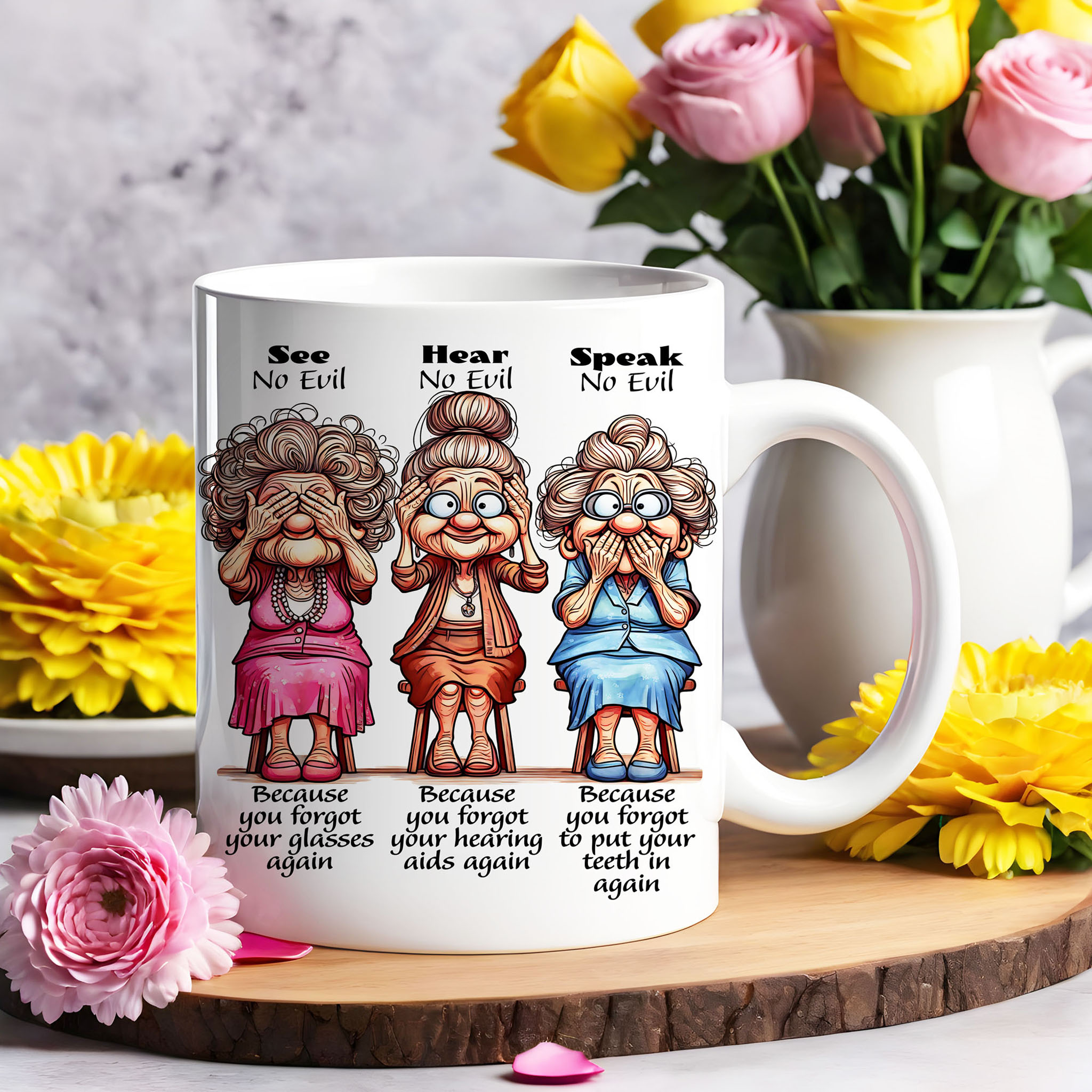 Funny Watercolor Grandma See No Evil Hear No Evil Speak No Evil Ceramic Mug, (11oz, 15oz)