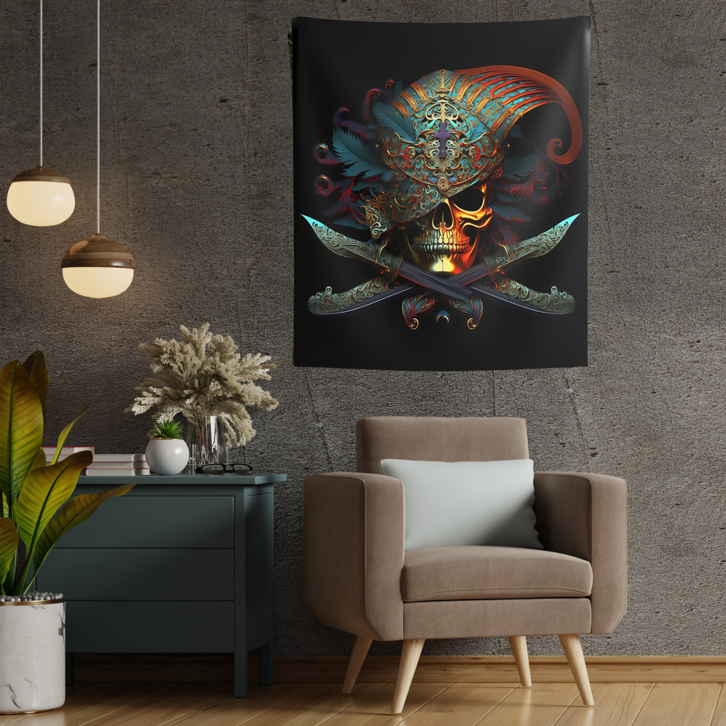 Pirate Skull with Sabers Crossing Wall Tapestries