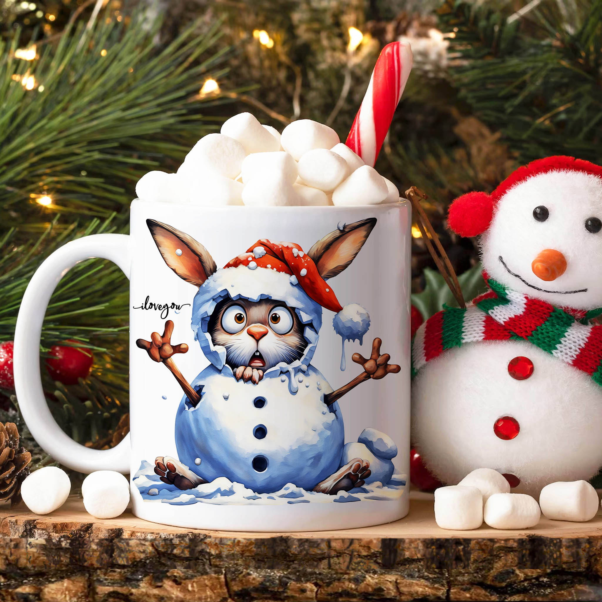 Cute and Funny Christmas Bunny in Snowman American Sign Language ASL ILY I Love You Ceramic Mug, (11oz, 15oz) product thumbnail image