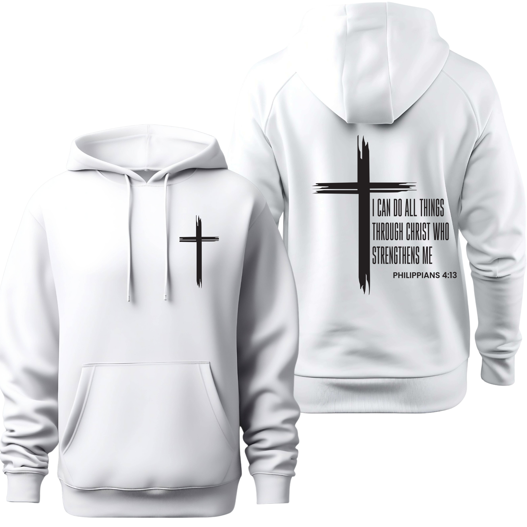 Christian Cross & Letter Print Men's Hoodie, Bible Verse Philippians 4:13 Religious Sweatshirt, Drawstring Pocket Jacket for Winter, Unisex Heavy product thumbnail image Christian Cross & Letter Print Men's Hoodie, Bible Verse Philippians 4:13 Religious Sweatshirt, Drawstring Pocket Jacket for Winter, Unisex Heavy product thumbnail image