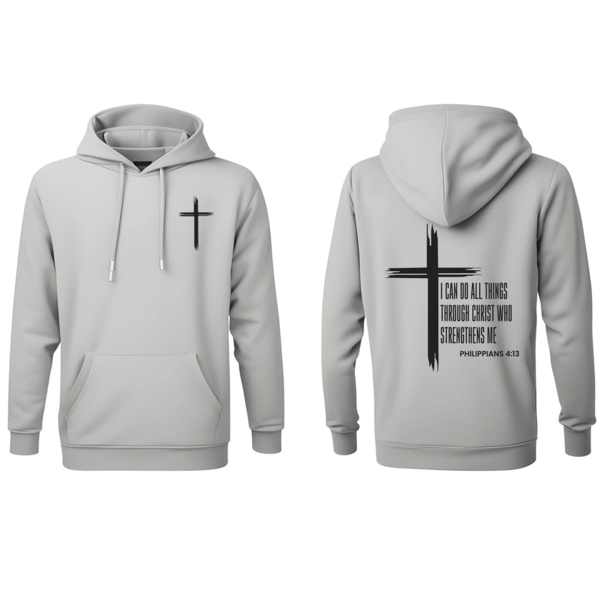 Christian Cross & Letter Print Men's Hoodie, Bible Verse Philippians 4:13 Religious Sweatshirt, Drawstring Pocket Jacket for Winter, Unisex Heavy product thumbnail image Christian Cross & Letter Print Men's Hoodie, Bible Verse Philippians 4:13 Religious Sweatshirt, Drawstring Pocket Jacket for Winter, Unisex Heavy product thumbnail image