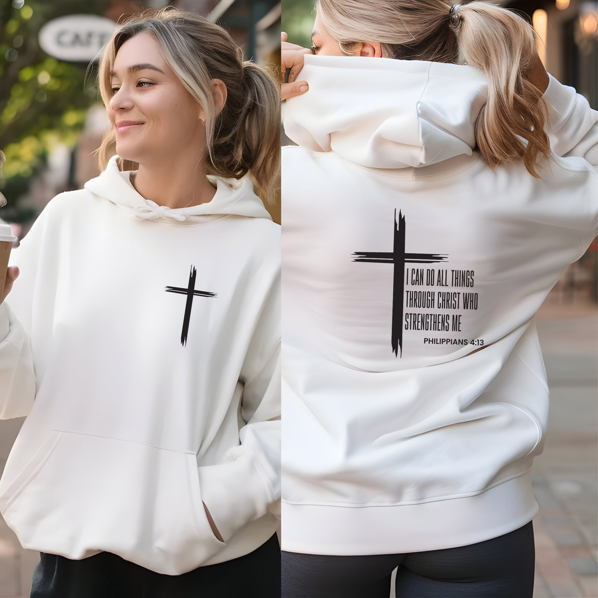 Christian Cross & Letter Print Men's Hoodie, Bible Verse Philippians 4:13 Religious Sweatshirt, Drawstring Pocket Jacket for Winter, Unisex Heavy product thumbnail image Christian Cross & Letter Print Men's Hoodie, Bible Verse Philippians 4:13 Religious Sweatshirt, Drawstring Pocket Jacket for Winter, Unisex Heavy product thumbnail image