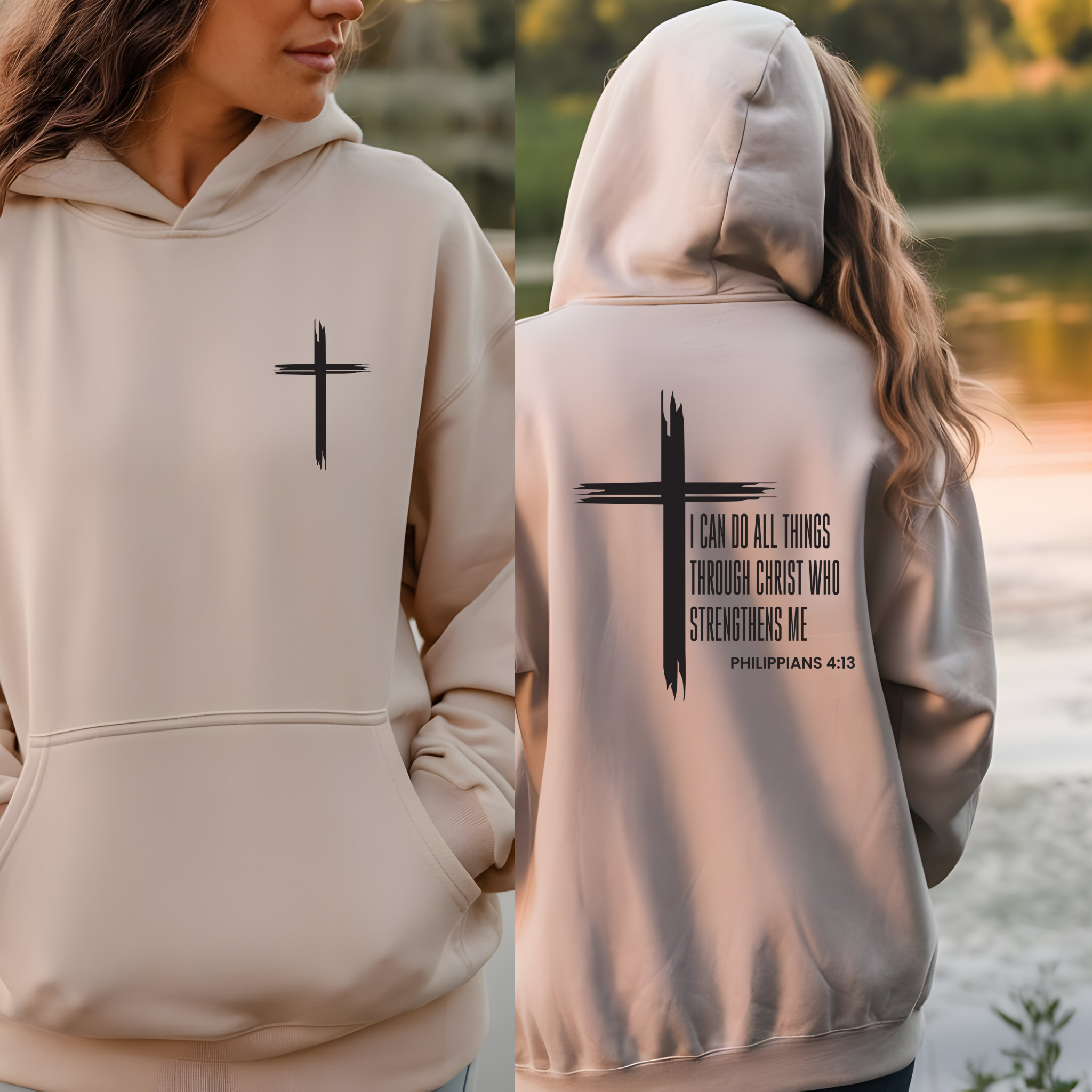 Christian Cross & Letter Print Men's Hoodie, Bible Verse Philippians 4:13 Religious Sweatshirt, Drawstring Pocket Jacket for Winter, Unisex Heavy product thumbnail image Christian Cross & Letter Print Men's Hoodie, Bible Verse Philippians 4:13 Religious Sweatshirt, Drawstring Pocket Jacket for Winter, Unisex Heavy product thumbnail image