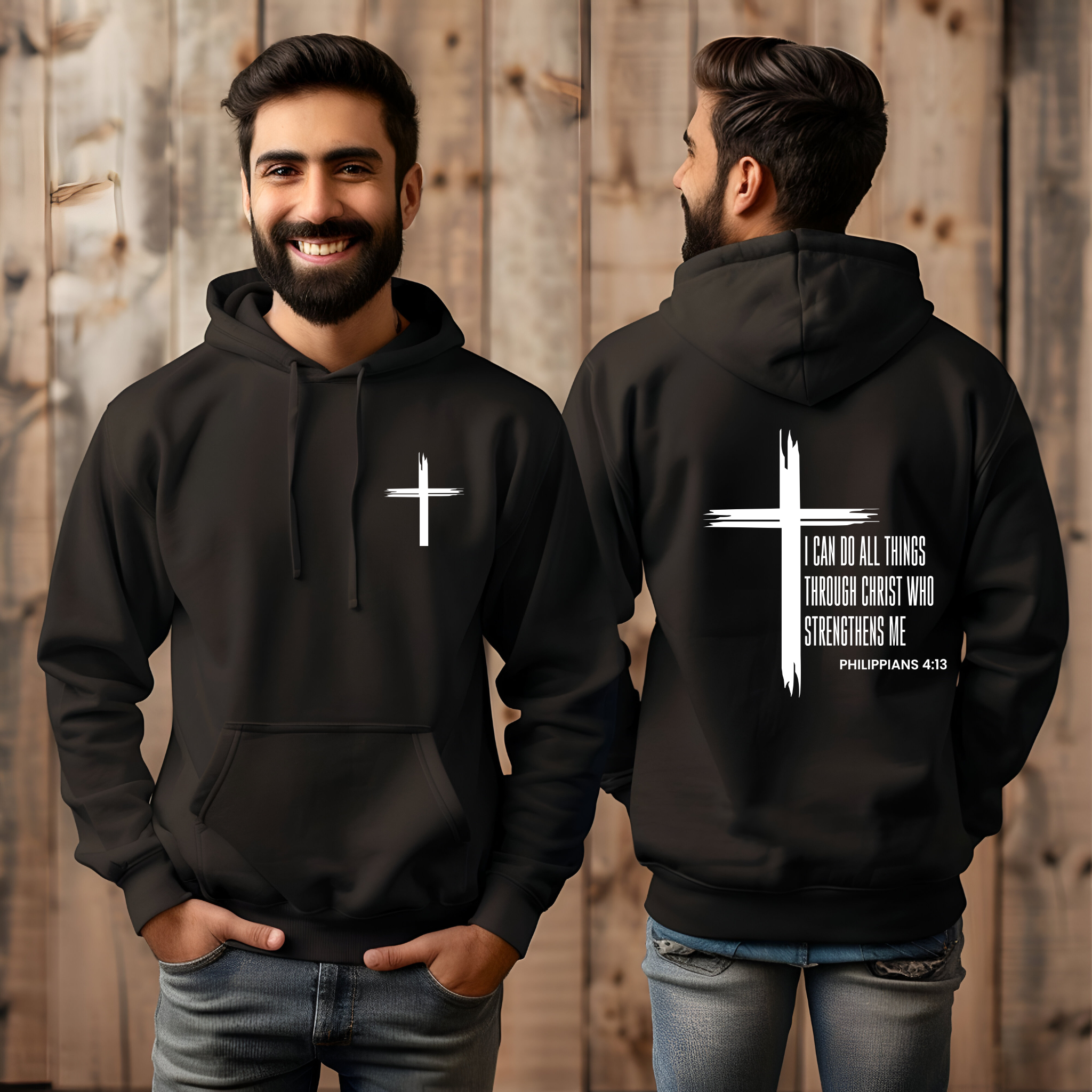 Christian Cross & Letter Print Men's Hoodie, Bible Verse Philippians 4:13 Religious Sweatshirt, Drawstring Pocket Jacket for Winter, Unisex Heavy product thumbnail image Christian Cross & Letter Print Men's Hoodie, Bible Verse Philippians 4:13 Religious Sweatshirt, Drawstring Pocket Jacket for Winter, Unisex Heavy product thumbnail image