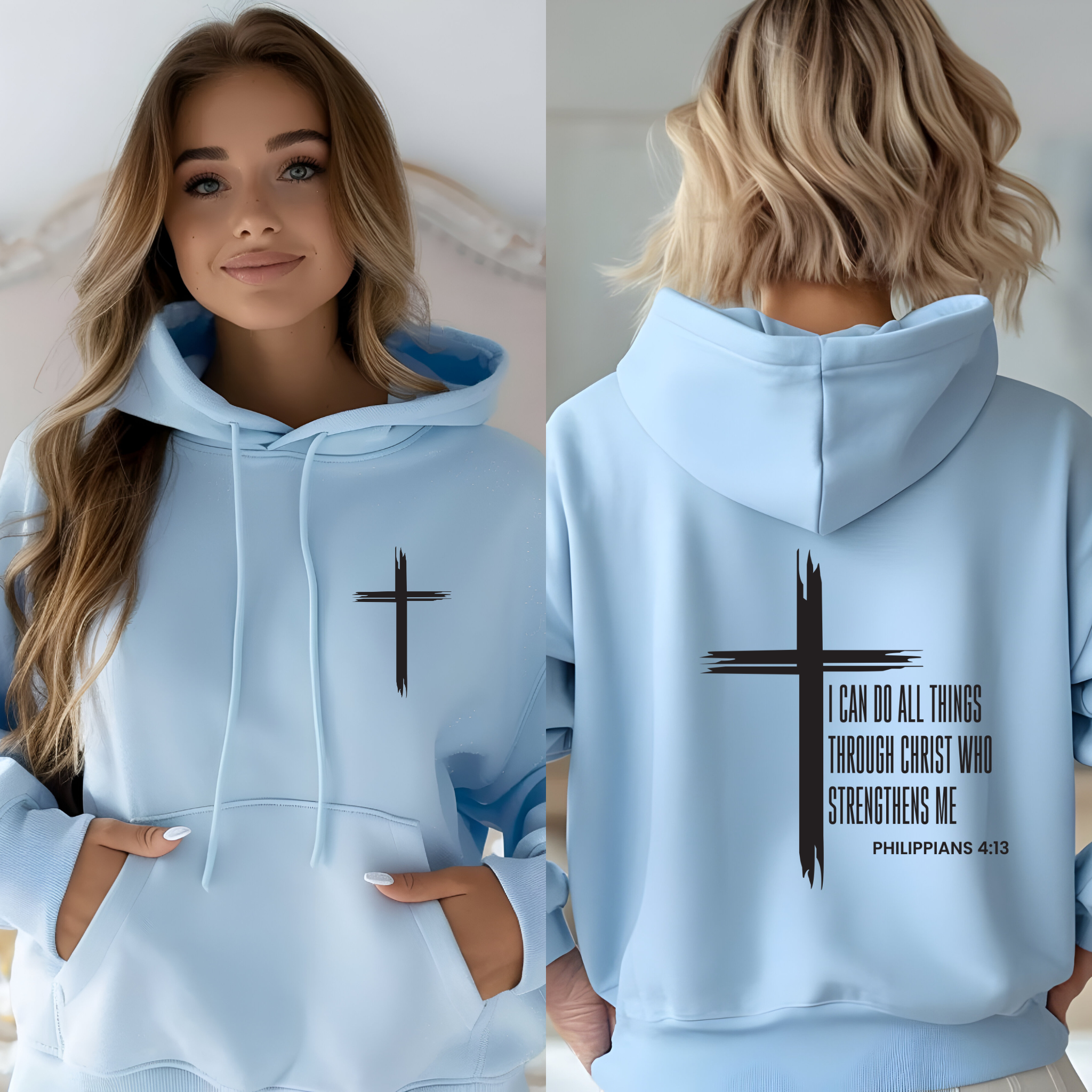 Christian Cross & Letter Print Men's Hoodie, Bible Verse Philippians 4:13 Religious Sweatshirt, Drawstring Pocket Jacket for Winter, Unisex Heavy product thumbnail image Christian Cross & Letter Print Men's Hoodie, Bible Verse Philippians 4:13 Religious Sweatshirt, Drawstring Pocket Jacket for Winter, Unisex Heavy product thumbnail image