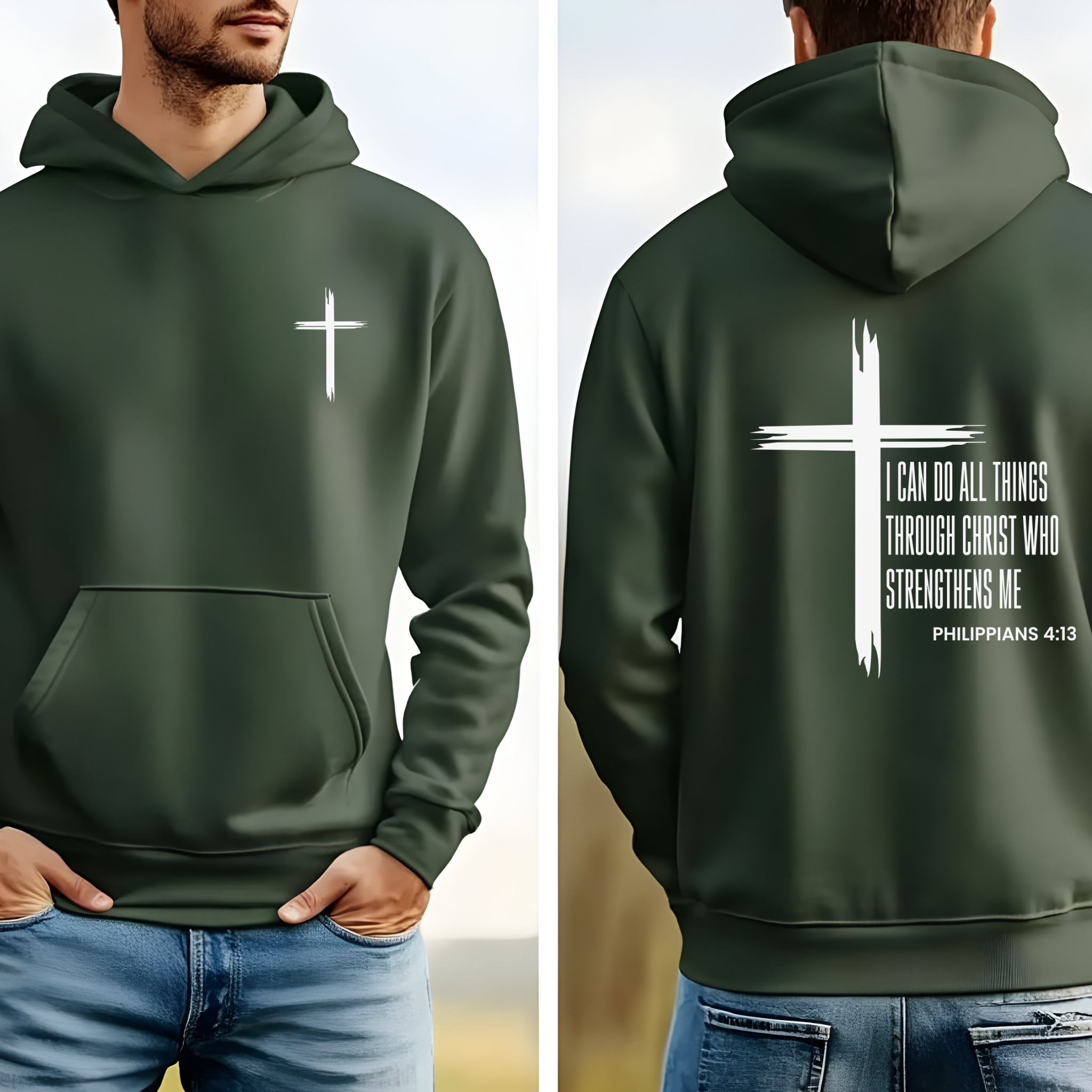 Christian Cross & Letter Print Men's Hoodie, Bible Verse Philippians 4:13 Religious Sweatshirt, Drawstring Pocket Jacket for Winter, Unisex Heavy product thumbnail image Christian Cross & Letter Print Men's Hoodie, Bible Verse Philippians 4:13 Religious Sweatshirt, Drawstring Pocket Jacket for Winter, Unisex Heavy product thumbnail image