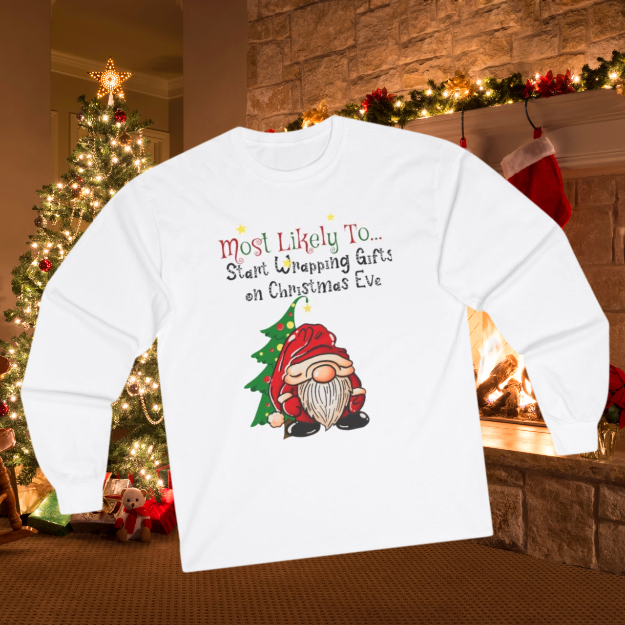 "Most Likely to Start Wrapping Gifts on Christmas Eve" Unisex Long Sleeve Tee – Holiday Comfort &amp; Style