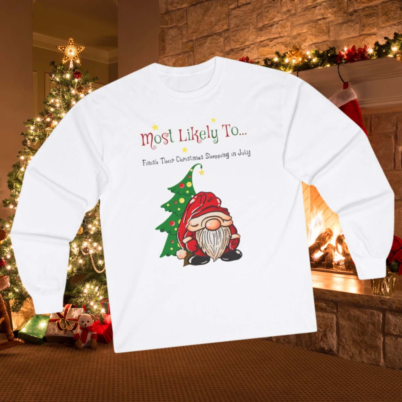 "Most Likely to Finish Their Christmas Shopping in July" Unisex Long Sleeve Tee – Comfy, Durable, and Eco-Friendly
