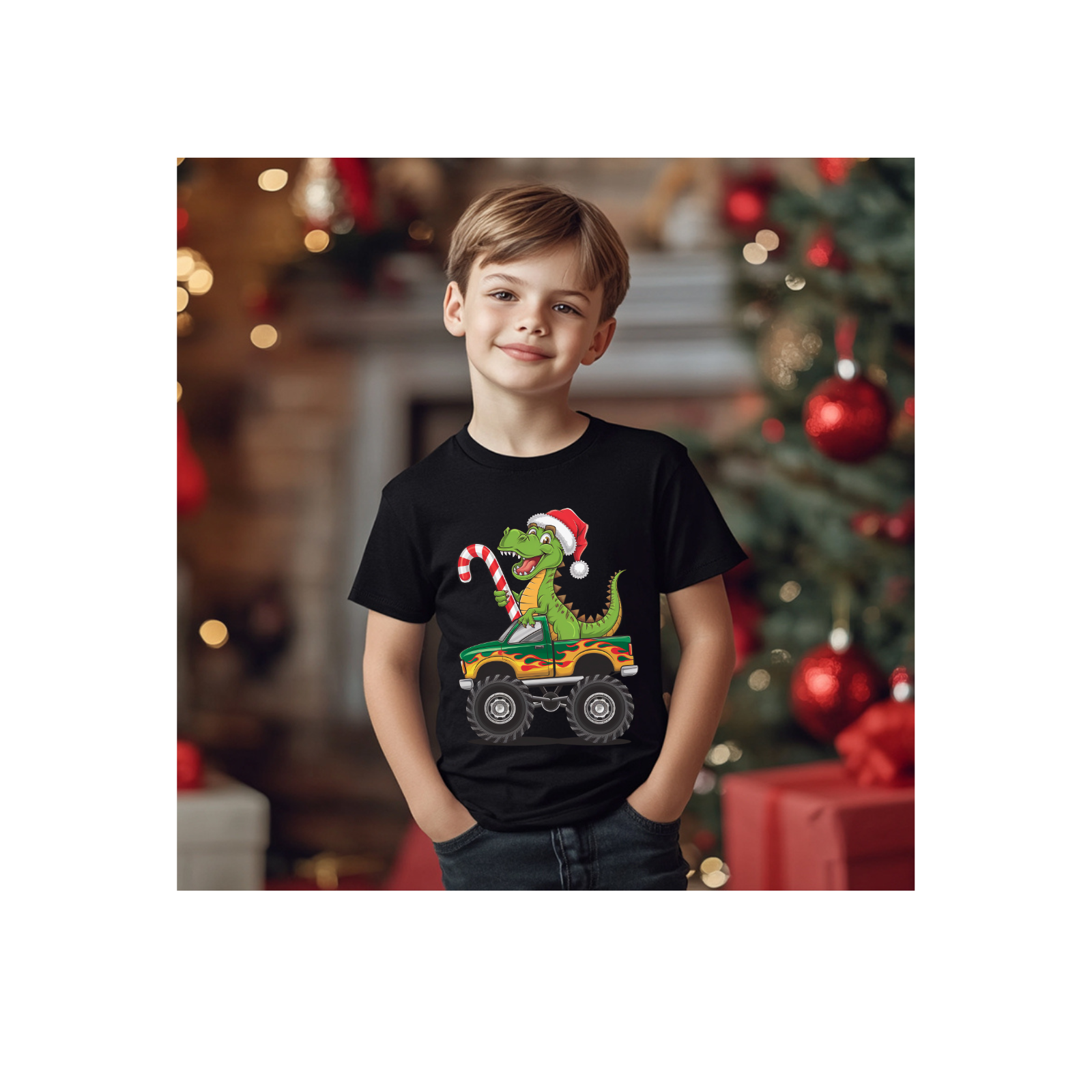 Kids Christmas Dino on Monster Truck T-Shirt, Holiday Gift for Boys, Festive Children's Tee, Christmas Dinosaur Shirt product thumbnail image Kids Christmas Dino on Monster Truck T-Shirt, Holiday Gift for Boys, Festive Children's Tee, Christmas Dinosaur Shirt product thumbnail image