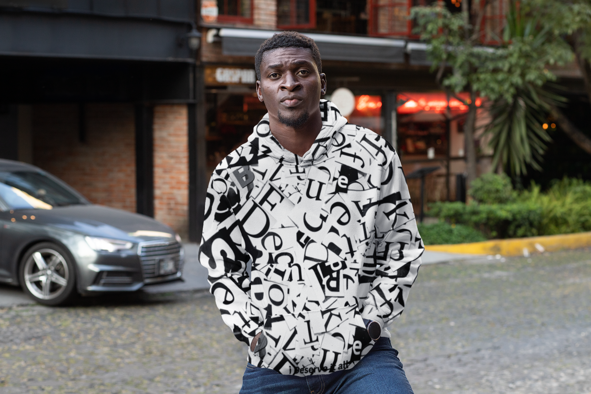 Men's Black and White Letters Hoodie product thumbnail image