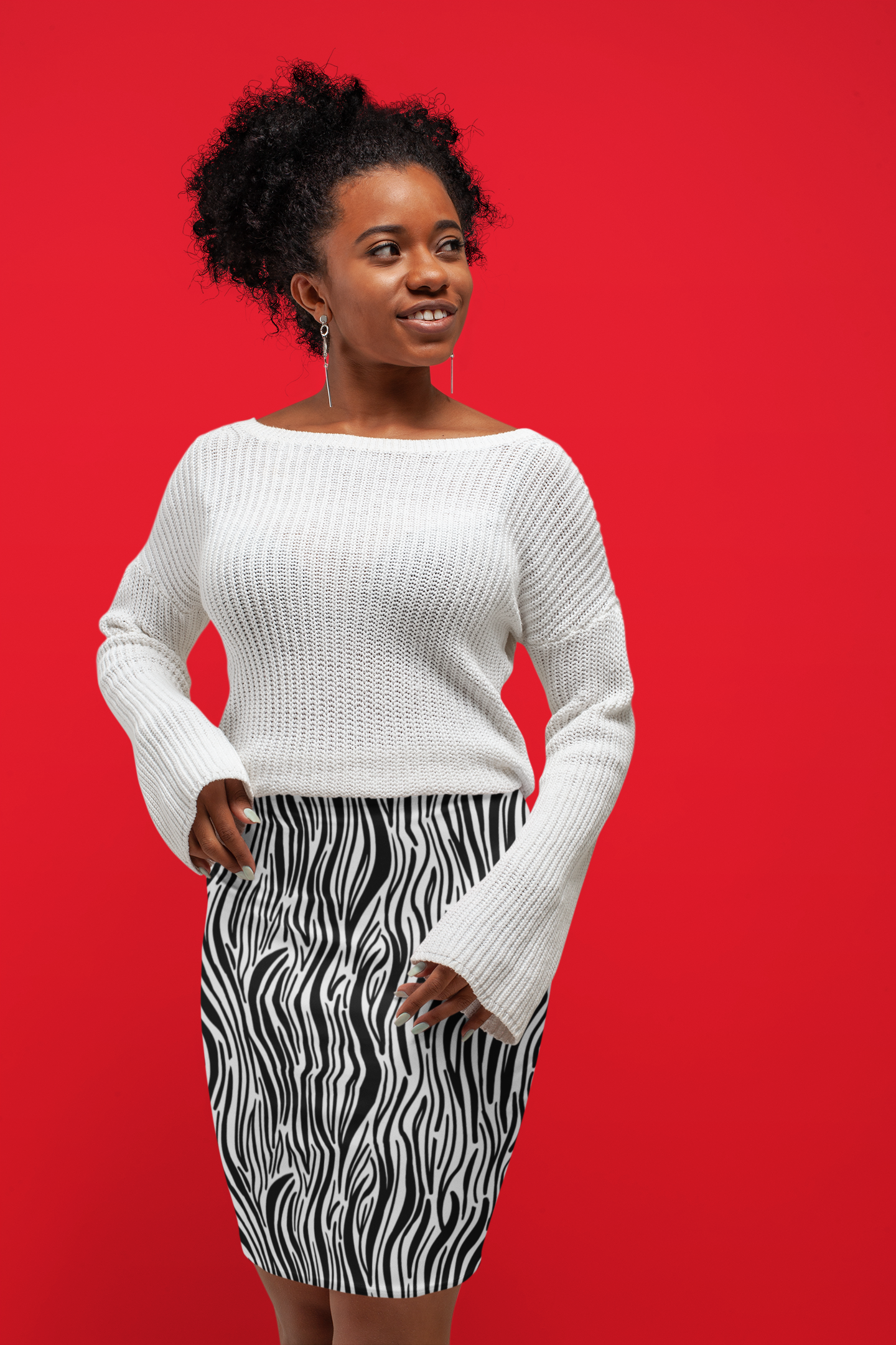 Women's Black &amp; White Zebra Print Mid-Waist Pencil Skirt product thumbnail image