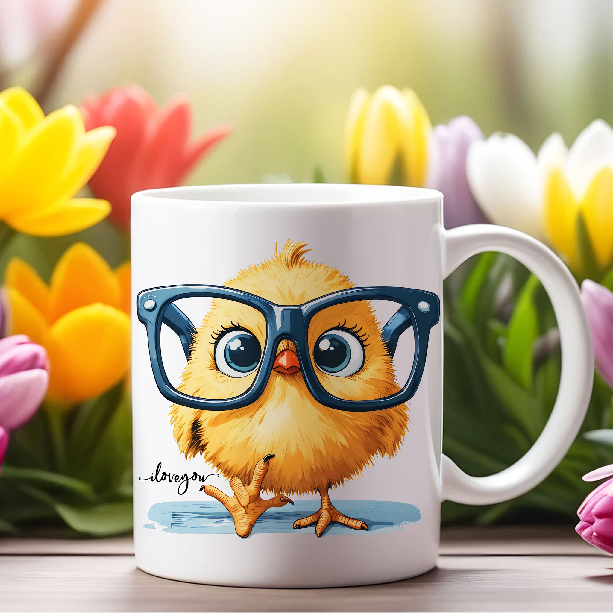 Cartoon Little Cute Chicken with Big Glasses American Sign Language ASL ILY I Love You Ceramic Mug, (11oz, 15oz) product thumbnail image