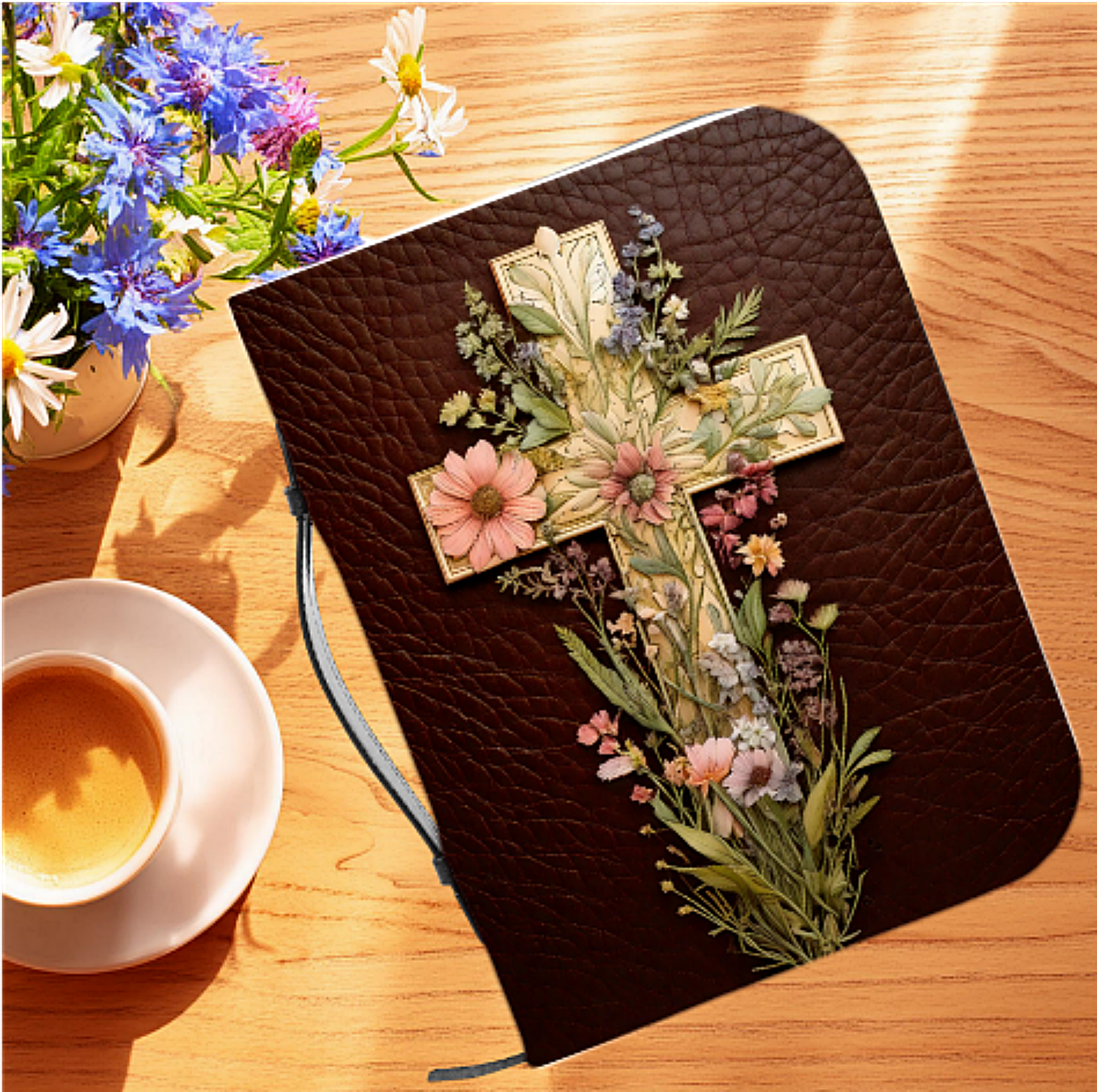 Floral cross on etched leather look Bible Cover product thumbnail image Floral cross on etched leather look Bible Cover product thumbnail image