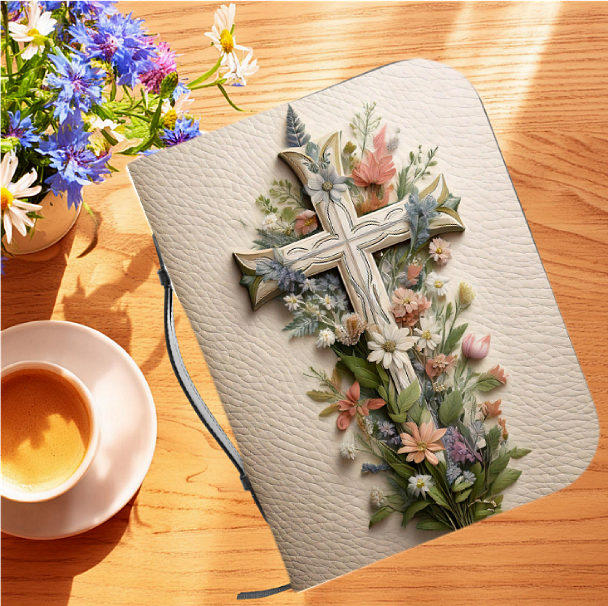 Floral cross on ivory leather look, Bible Cover product thumbnail image Floral cross on ivory leather look, Bible Cover product thumbnail image