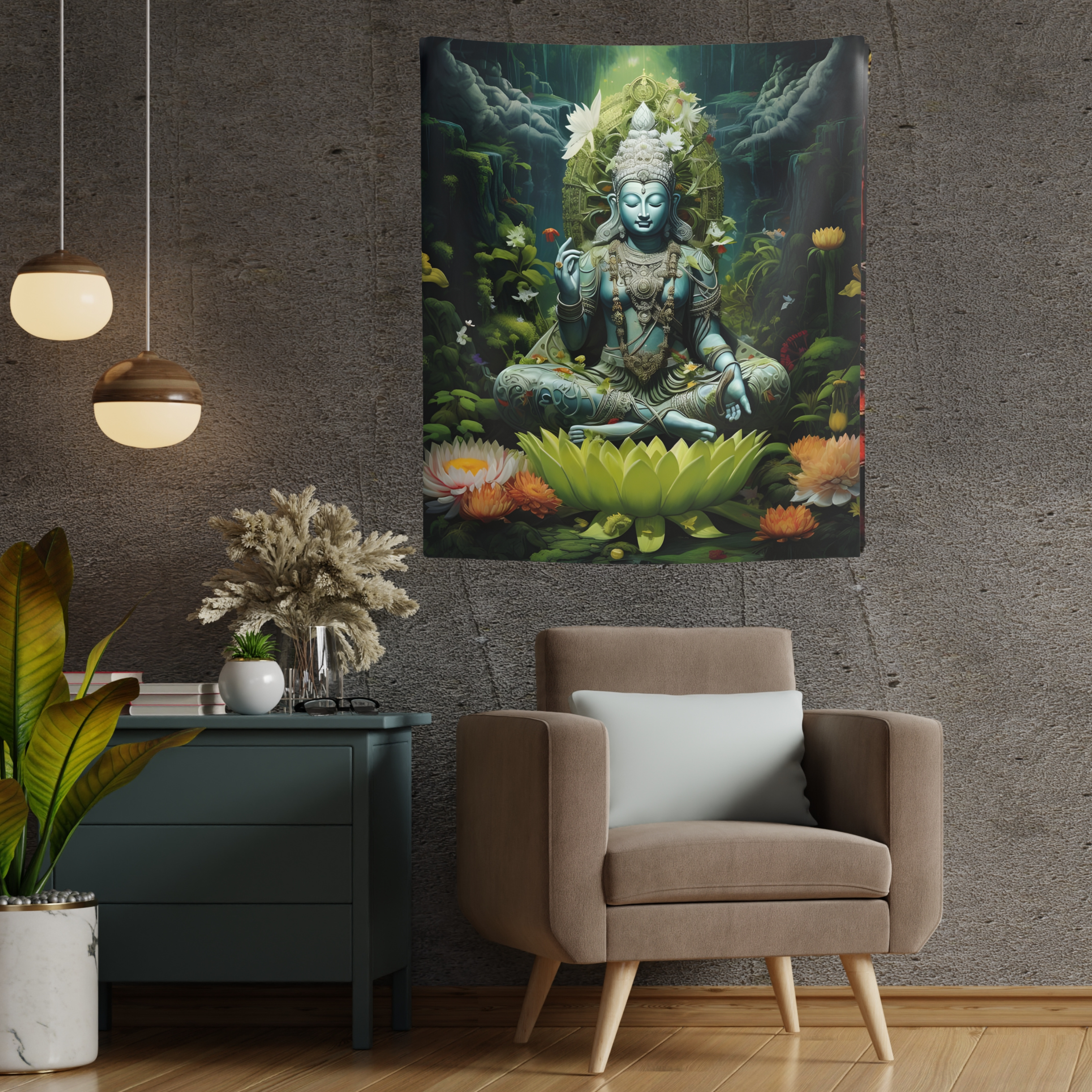 Buddha Meditating in Garden Indoor Wall Tapestries product thumbnail image Buddha Meditating in Garden Indoor Wall Tapestries product thumbnail image